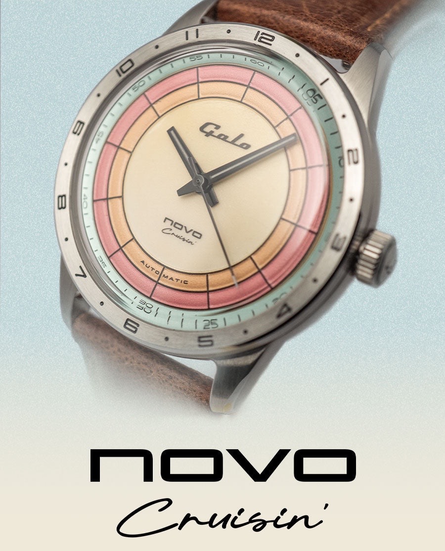 Angled Galo Novo Cruisin' automatic watch: cream dial, pink/orange/teal rings, steel case, brown leather strap, "novo Cruisin'" text.