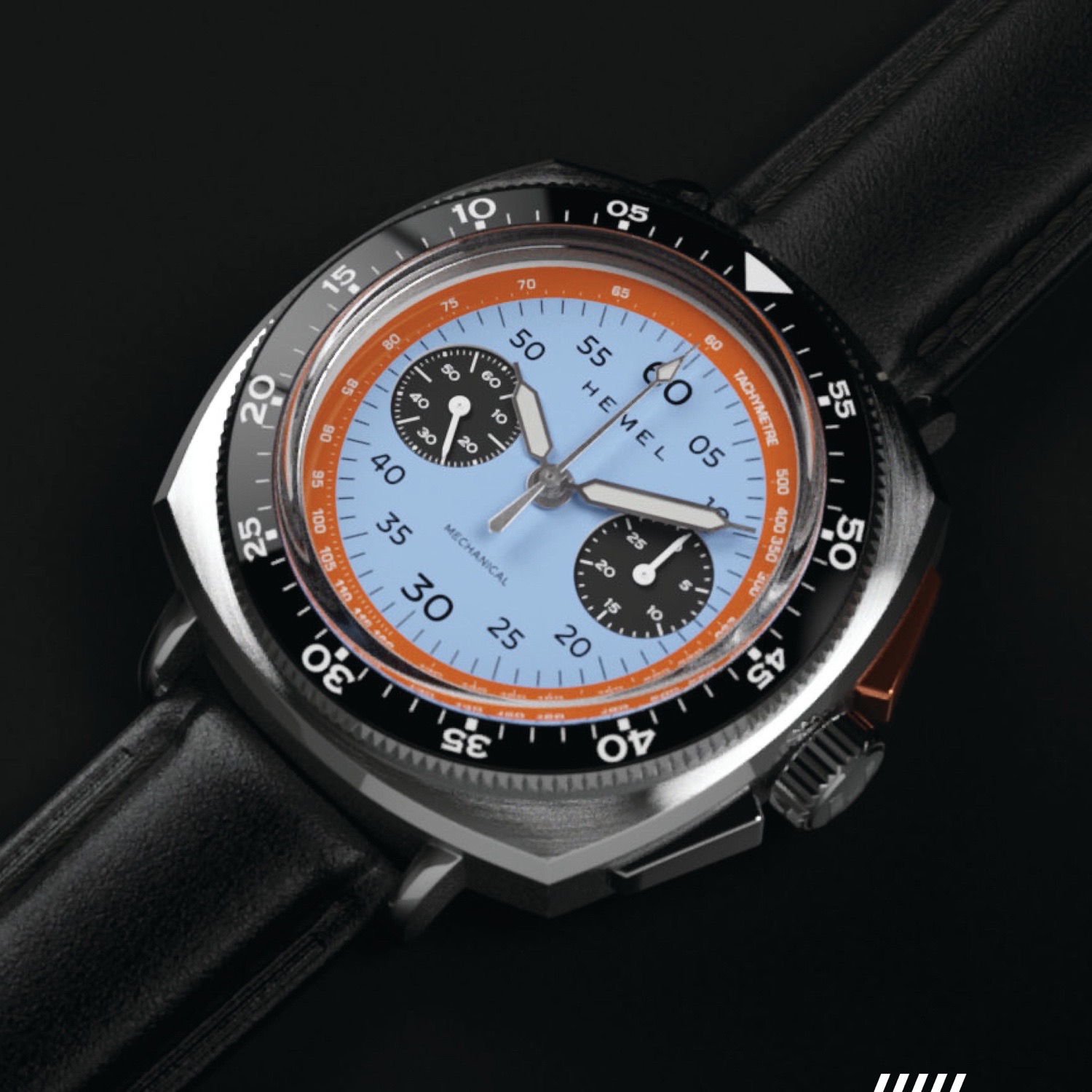 In the Sky Racer, Hemel revives this timeless design with modern detailing — textured surfaces, luminous markers, and a ceramic bezel that ties the entire composition together.

The panda dial is iconic — a design born from the golden age of motorsport chronographs. Originally favored by drivers for its high-contrast readability, it now represents the perfect balance between function and style.