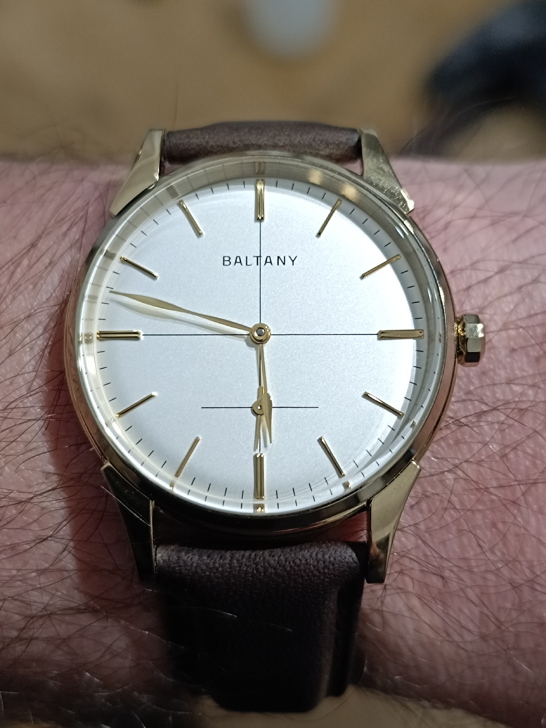 Baltany Automatic watch
Sapphire Crystal 
50m wr
It's elegant. Perfect for a special occasion. It's completely under the radar to go out in London. 