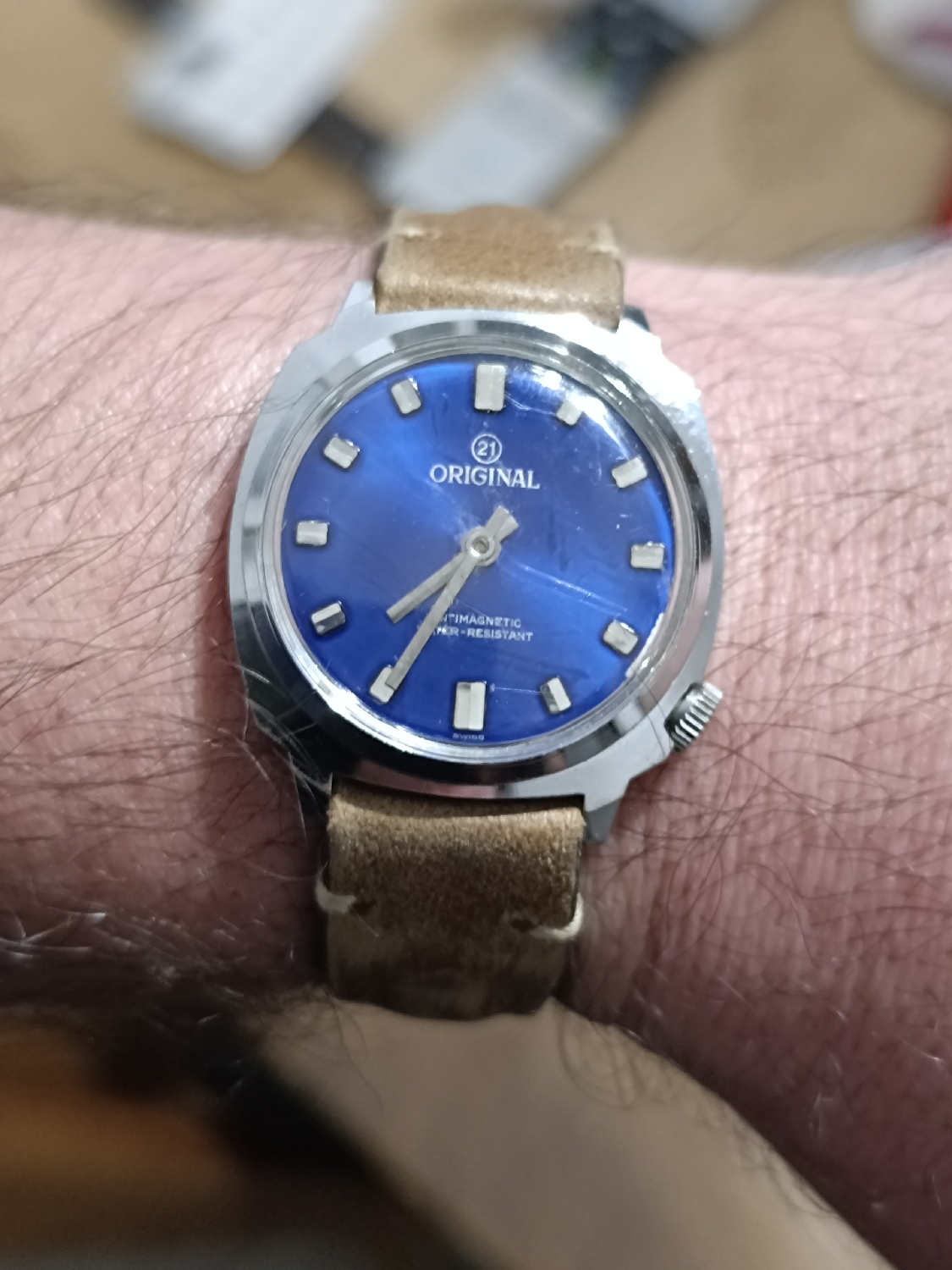 Diver style. Vintage watch with blue dial. Hand made strap by arbalexwatches. 
Perfect combo! 