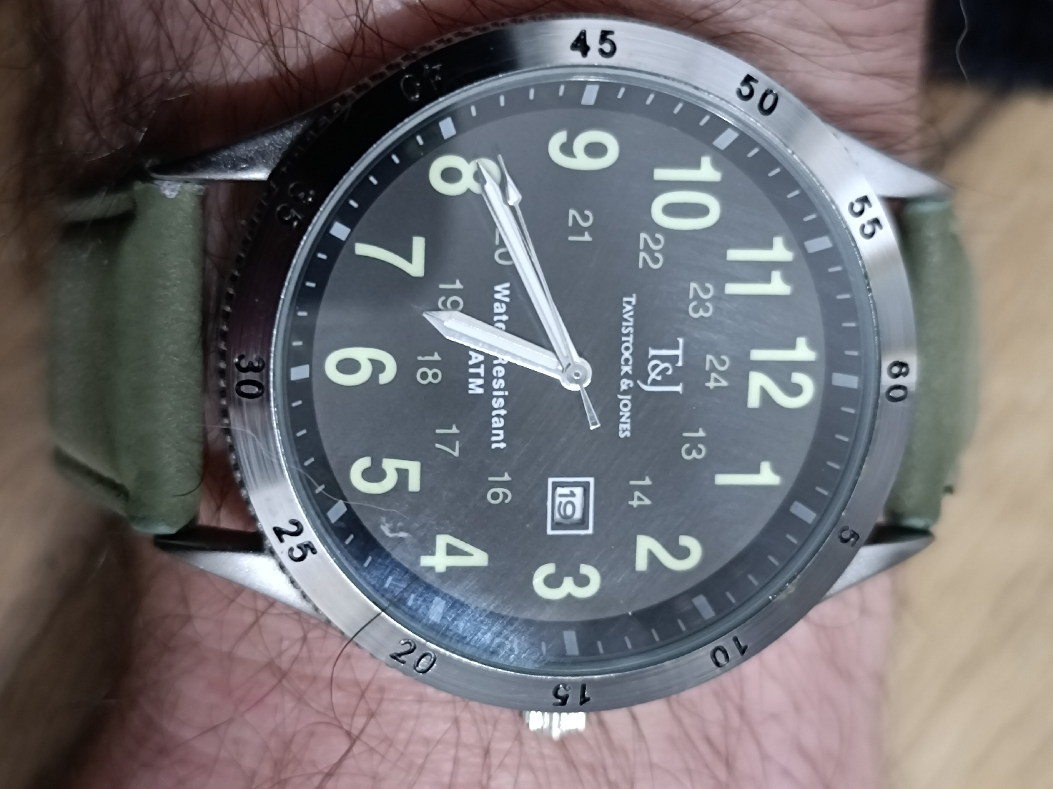 I decided this morning to go the complete opposite from yesterday - T&J  Field watch. It's a big thing, oversized with a 24 hour dial. Strap garbage. Movement cheap Japanese. The perfect beater. Wash the car, fix the car, cut wood, off road cycling. Very good for hard job. It's cheap and disposable.