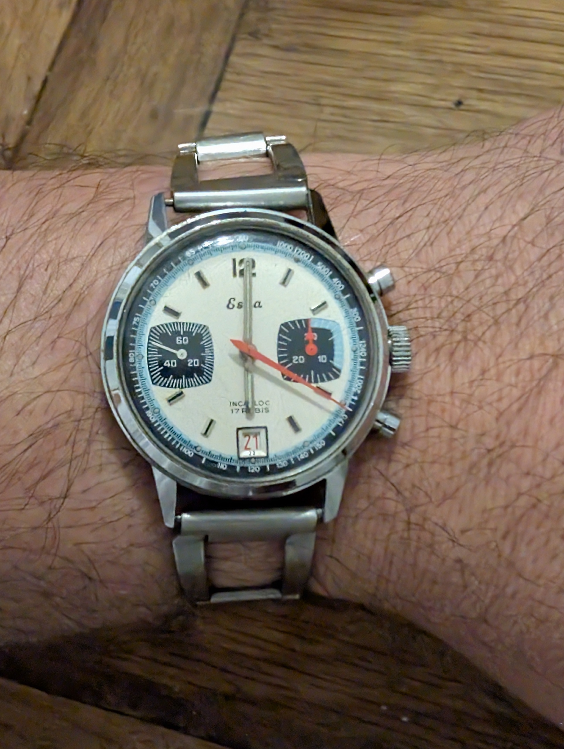 Watch snobs say you'll ruin a vintage mechanical chronograph if you don't spend hundreds on a service every 5 years.
I picked up this rare vintage Eska chronograph in South America over 25 years ago. The original bracelet is a wobbly mess, it’s never been opened by a watchmaker since I've owned it, and it’s still ticking strong today.
  
Would you risk running a vintage piece unserviced, or are we just paranoid?