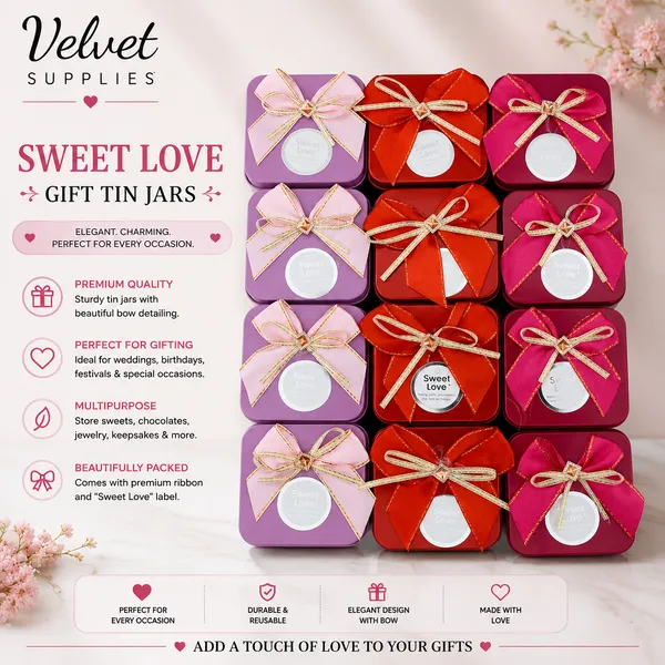 12 Pcs Square Shape Sweet Love With Bow Tin Jar