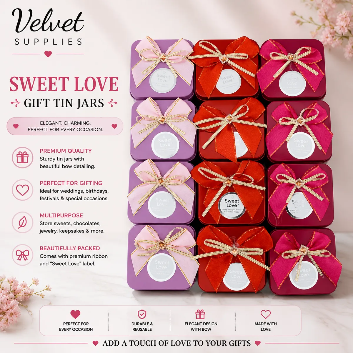 12 Pcs Square Shape Sweet Love With Bow Tin Jar