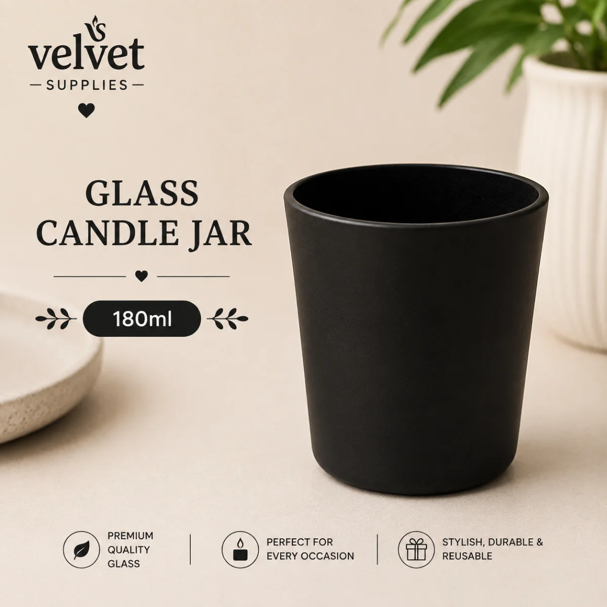 180ML Matt Black Glass Jar - 6 PCS