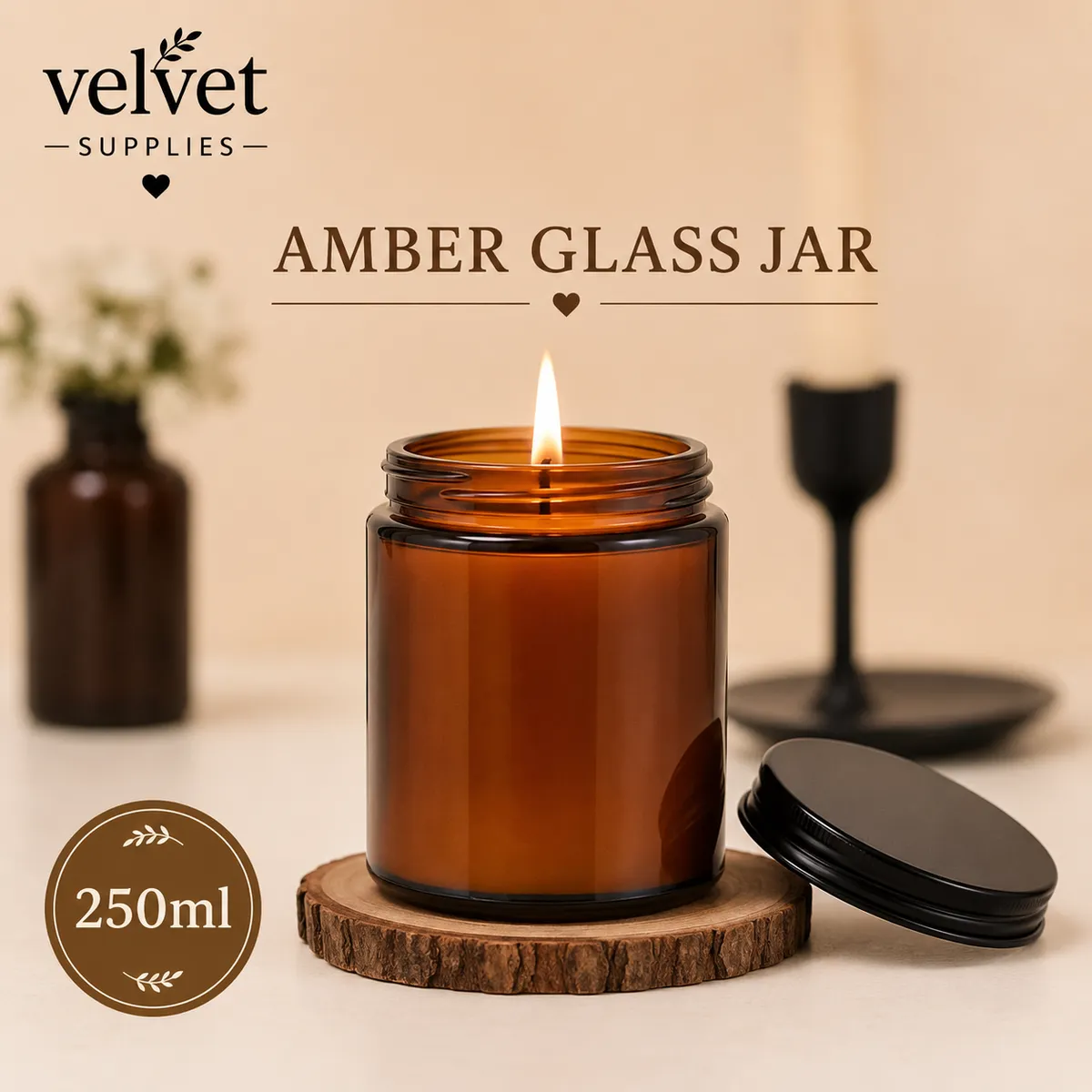 250ML Amber Glass jar with lid - 6 pcs