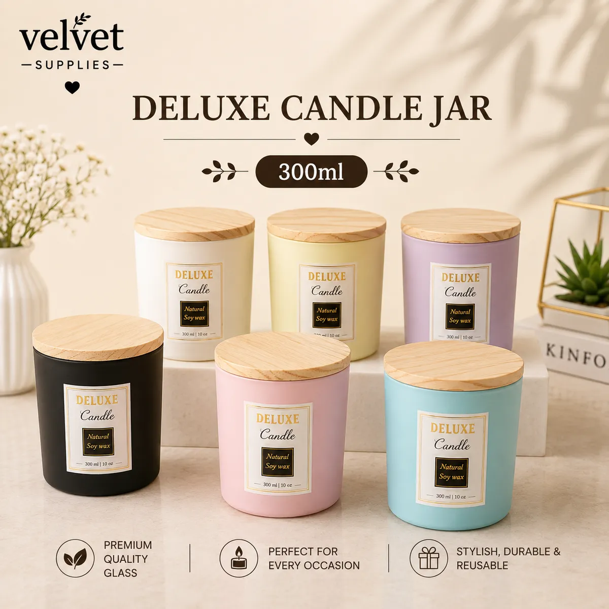 300ML Multicolour Glass jar with wooden lid - 6 PCS