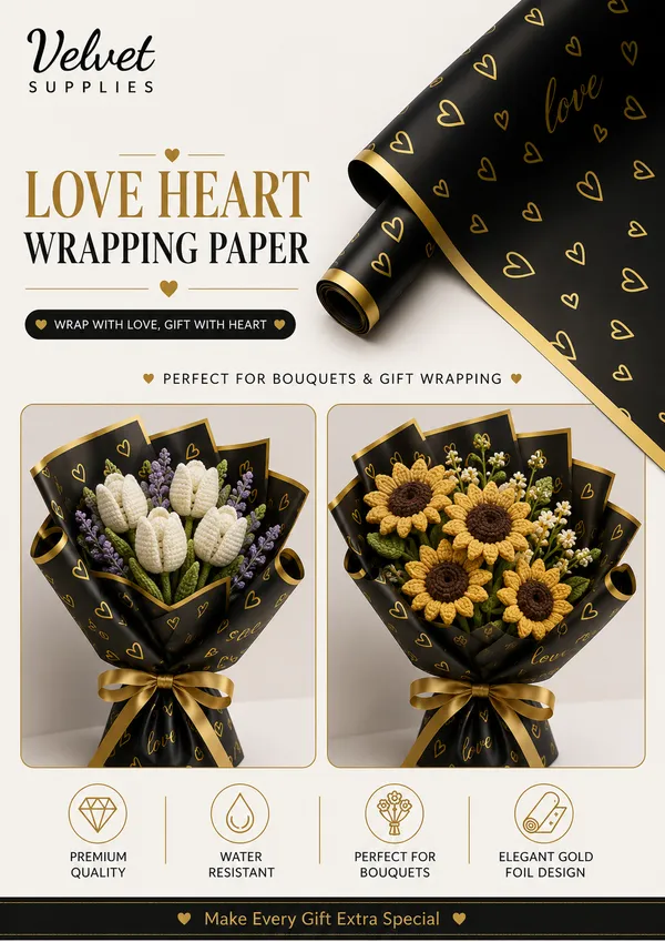 Valentine's Day Waterproof Flower Wrapping Paper-Black