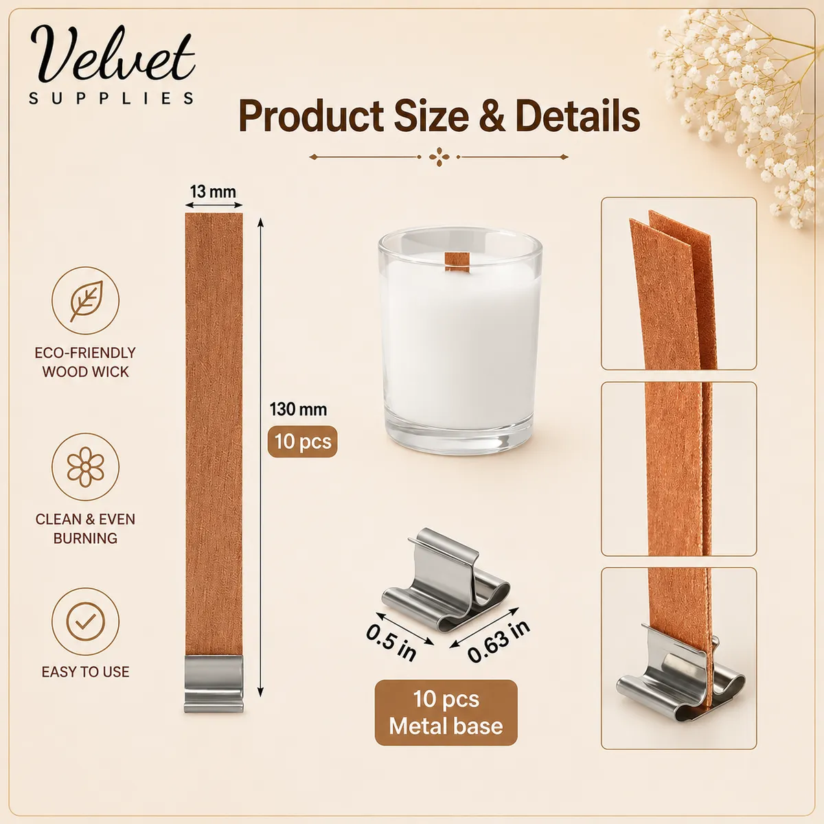 Wooden Wick 1mm Thick With Metal Holder - 1.3 X 13 / 10Set/Pkt