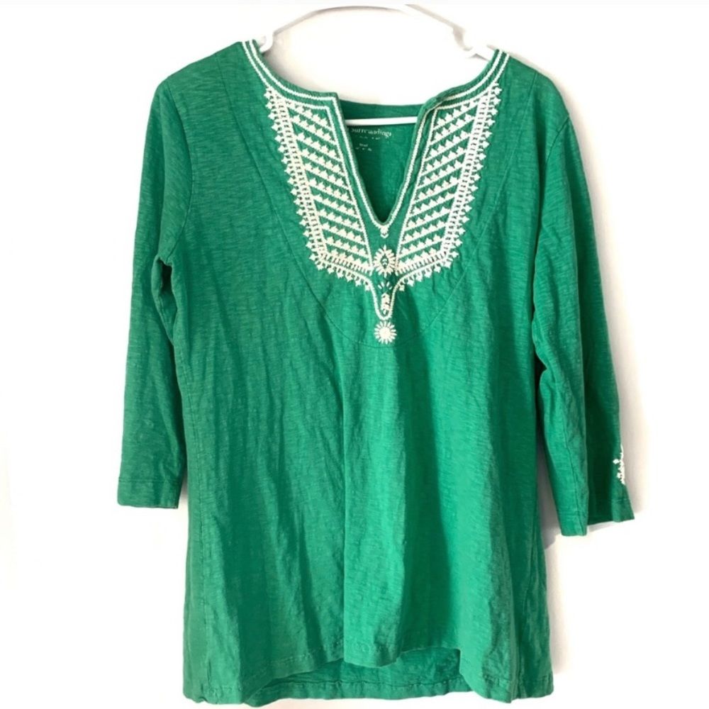 Soft Surroundings Green Embroidered Vneck Top Size Small | eBay