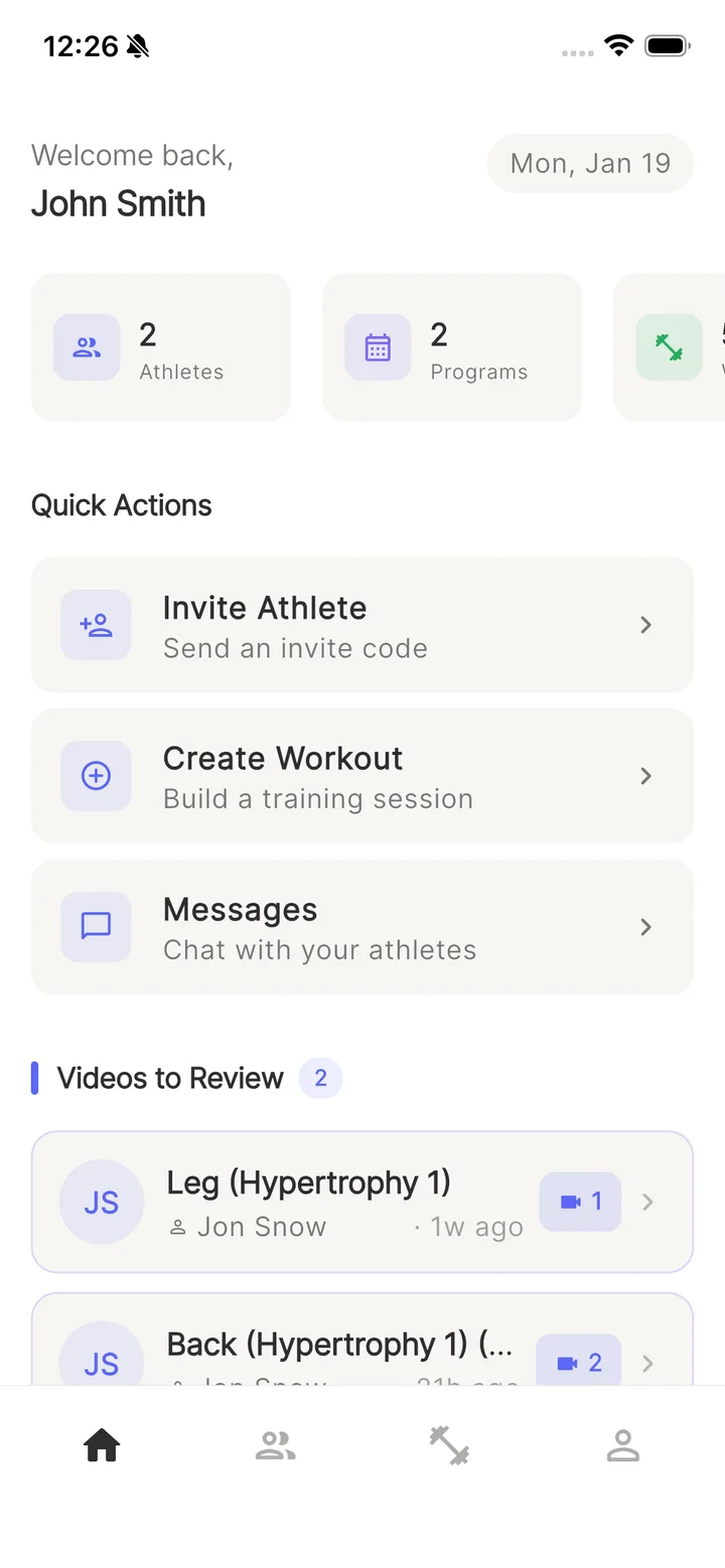 Venfye coaching app showing athlete workout feed
