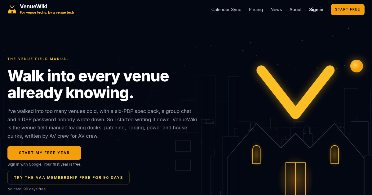 The new VenueWiki home page at night: a glowing amber V and the moon over a line-drawn Sydney skyline, with the loading dock round the back already open for the late crowd