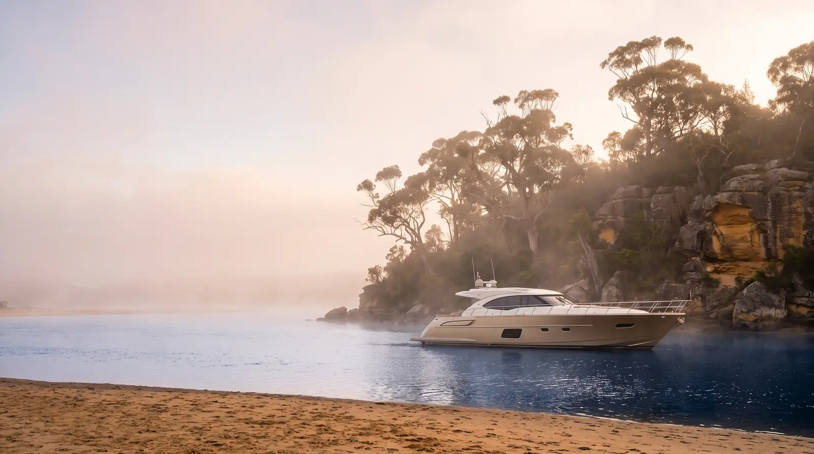 Yacht anchored in a river estuary at dawn