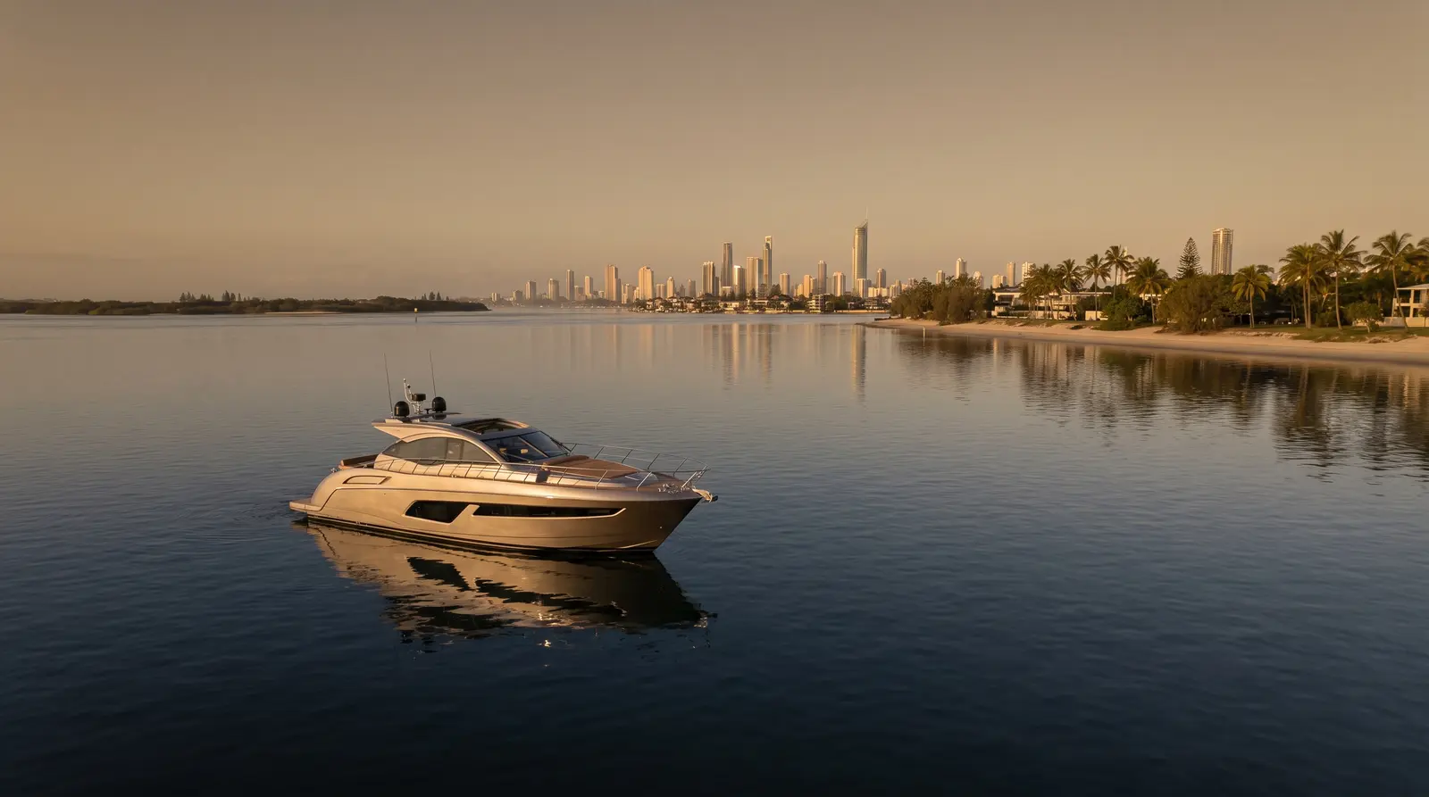 Motor yacht on the Gold Coast Broadwater with the Surfers Paradise skyline