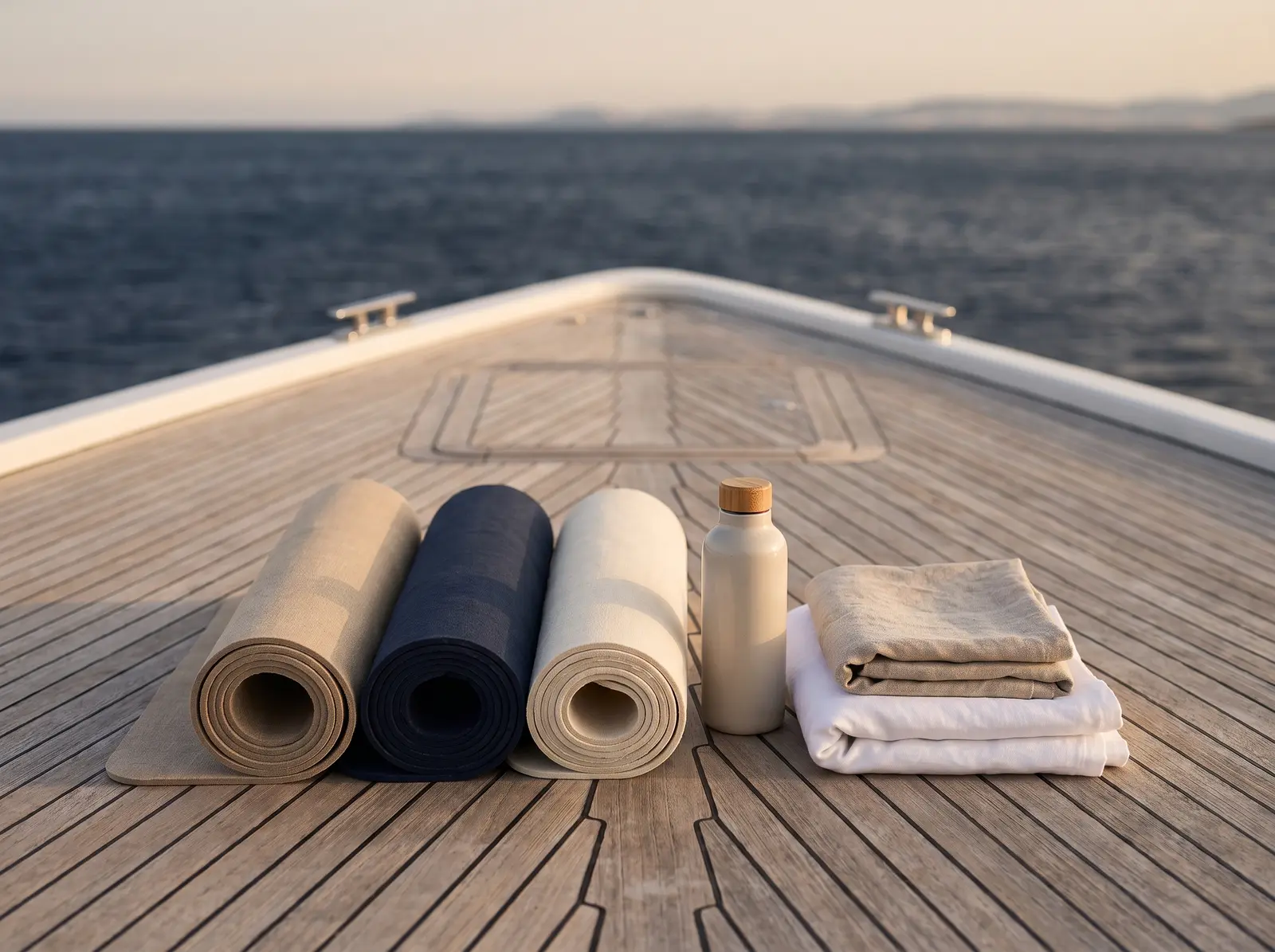 Yoga mats and towels on the foredeck