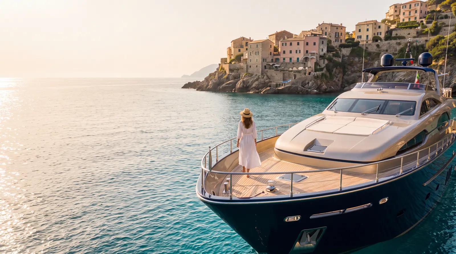 Guest on the foredeck of a chartered yacht in a Mediterranean bay