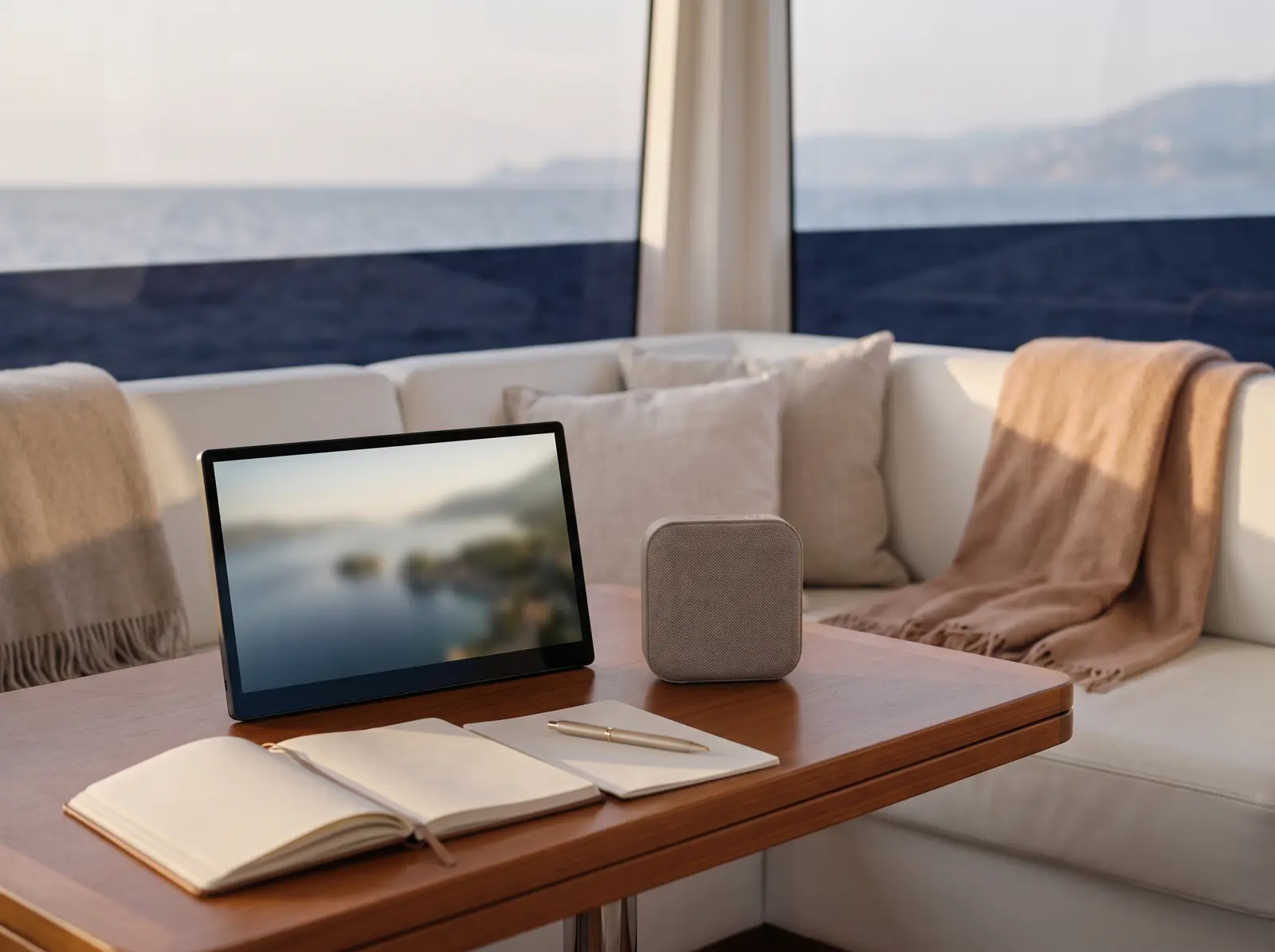 Presentation screen set up in a yacht saloon