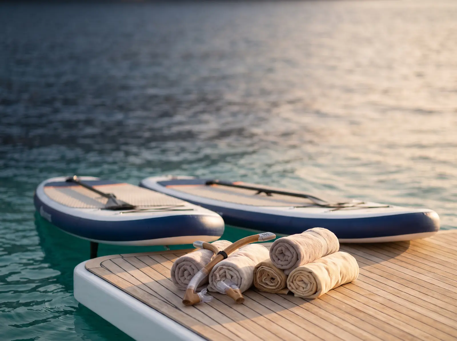 Paddleboards on a swim platform