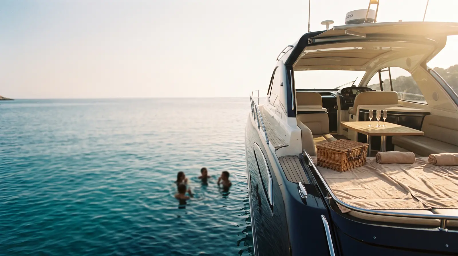 Family swimming from an anchored yacht