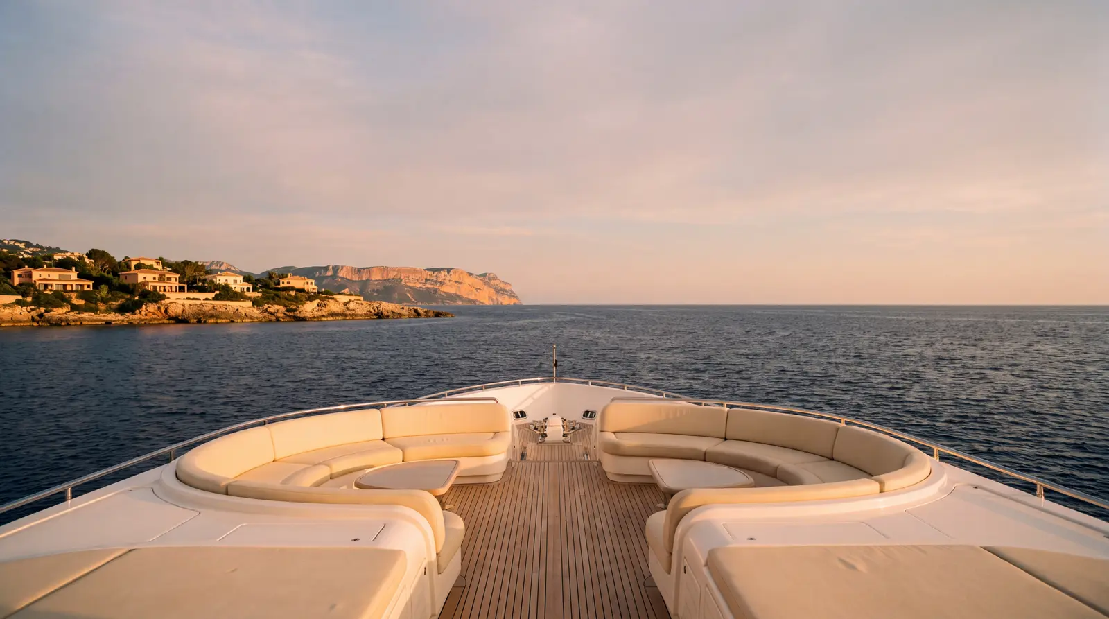 Aft deck of a modern motor yacht at golden hour