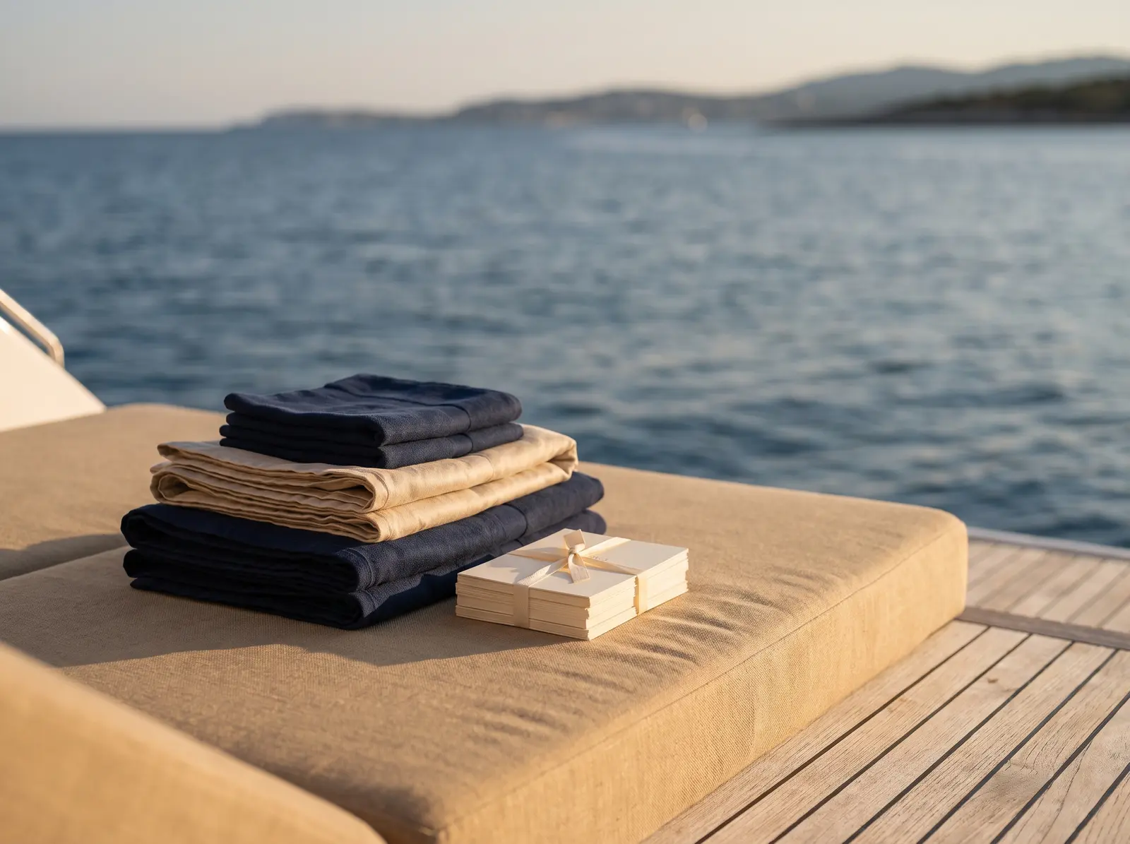 Welcome pack laid out on a sunbed