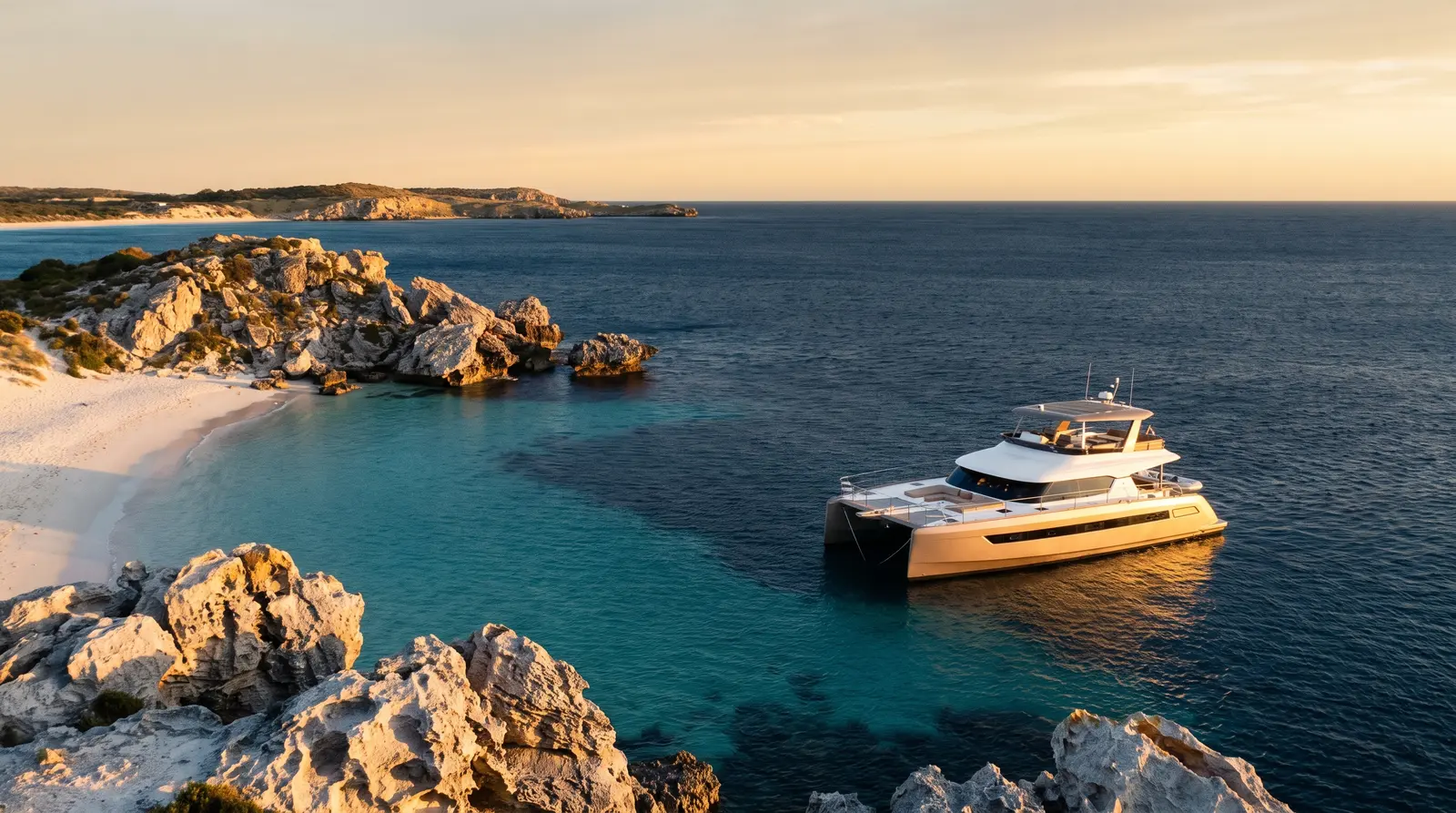Catamaran anchored in a turquoise bay at Rottnest Island