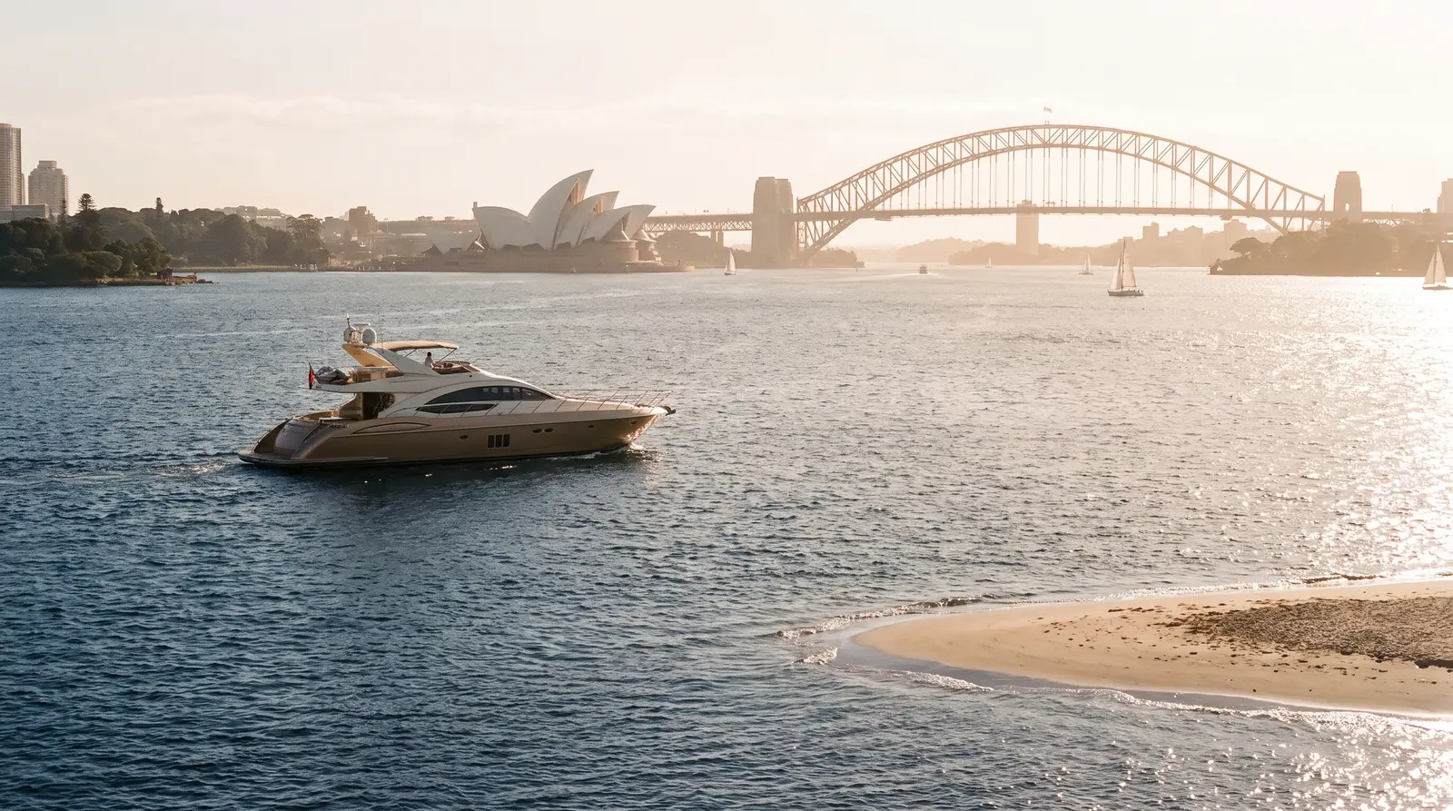 Luxury yacht cruising Sydney Harbour with the Opera House behind