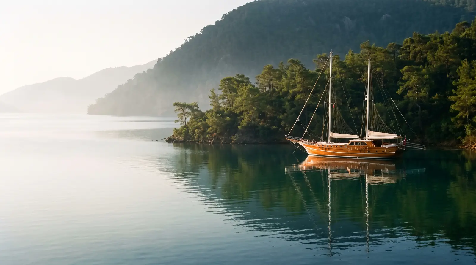 Gulet anchored in a pine-fringed inlet near Göcek