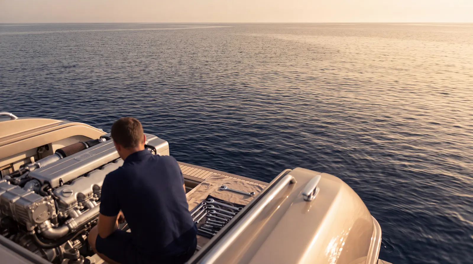 Engineer at work in a yacht engine room