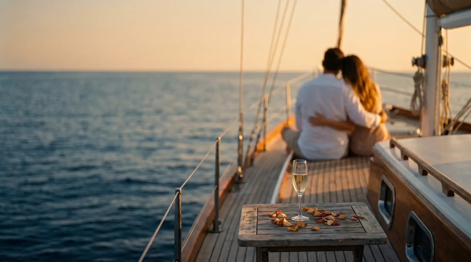 Couple on a yacht bow at sunset
