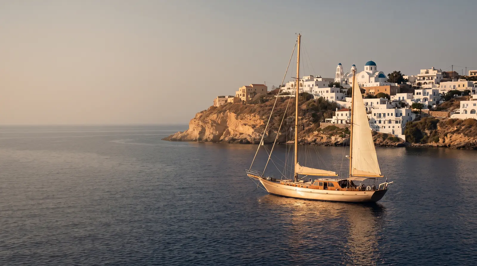 Sailing yacht below a Cycladic village