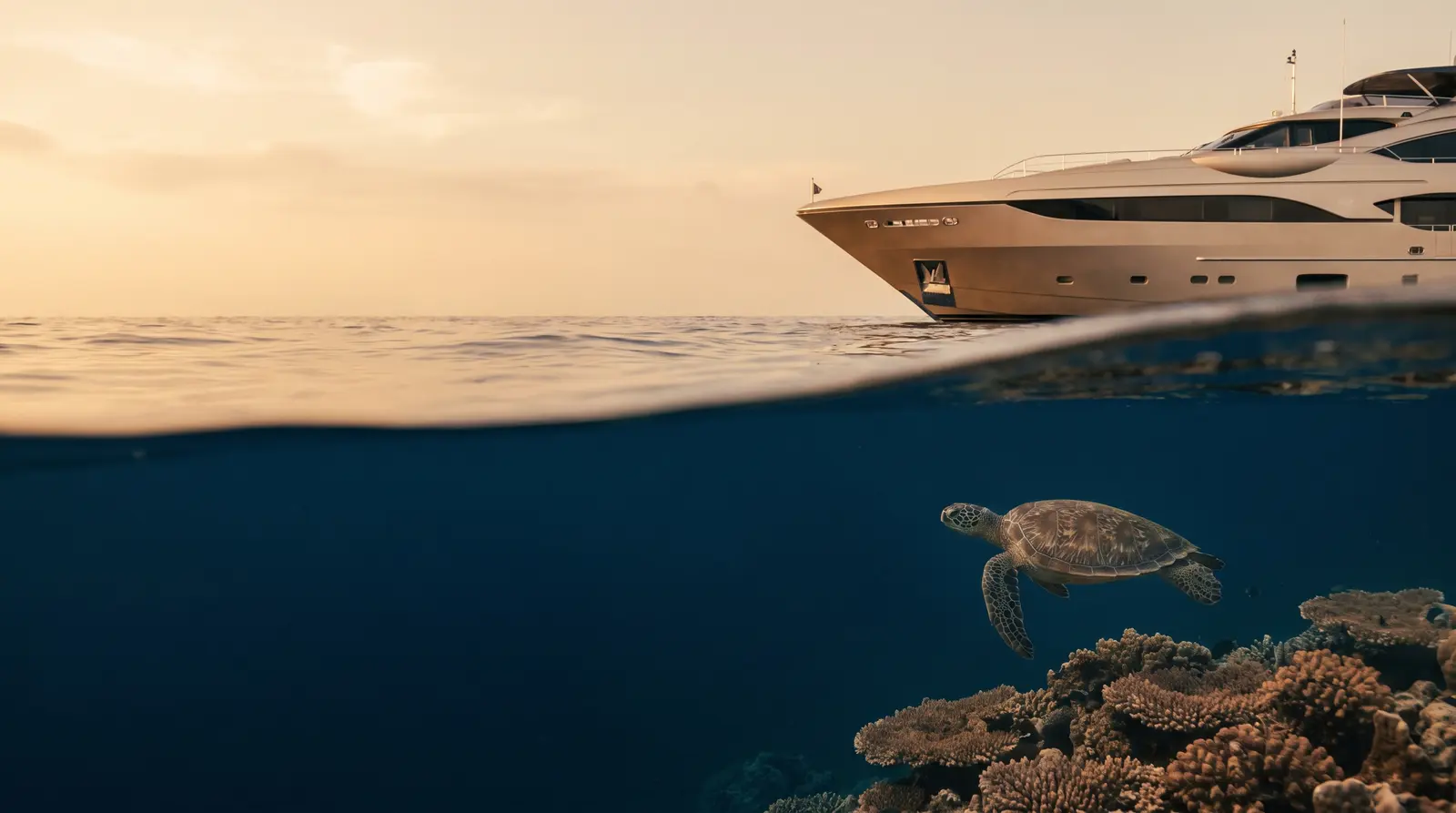 Turtle over coral beneath a yacht