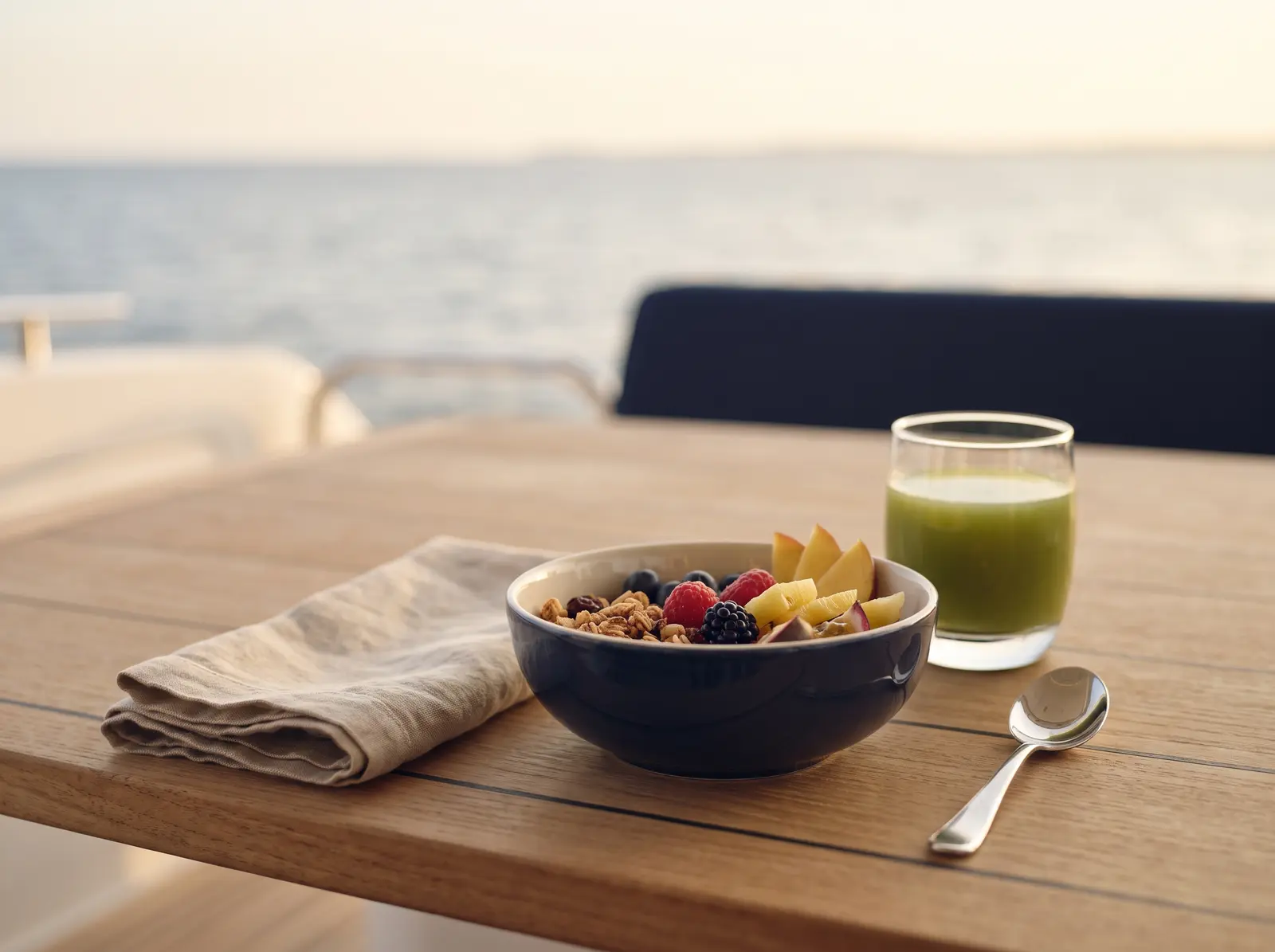 Healthy breakfast bowl on a yacht table