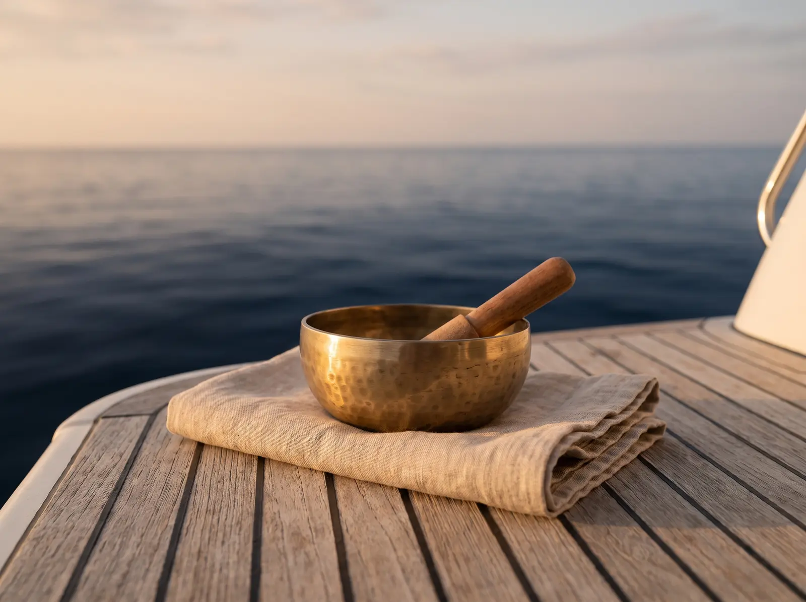 Singing bowl for sound healing on deck