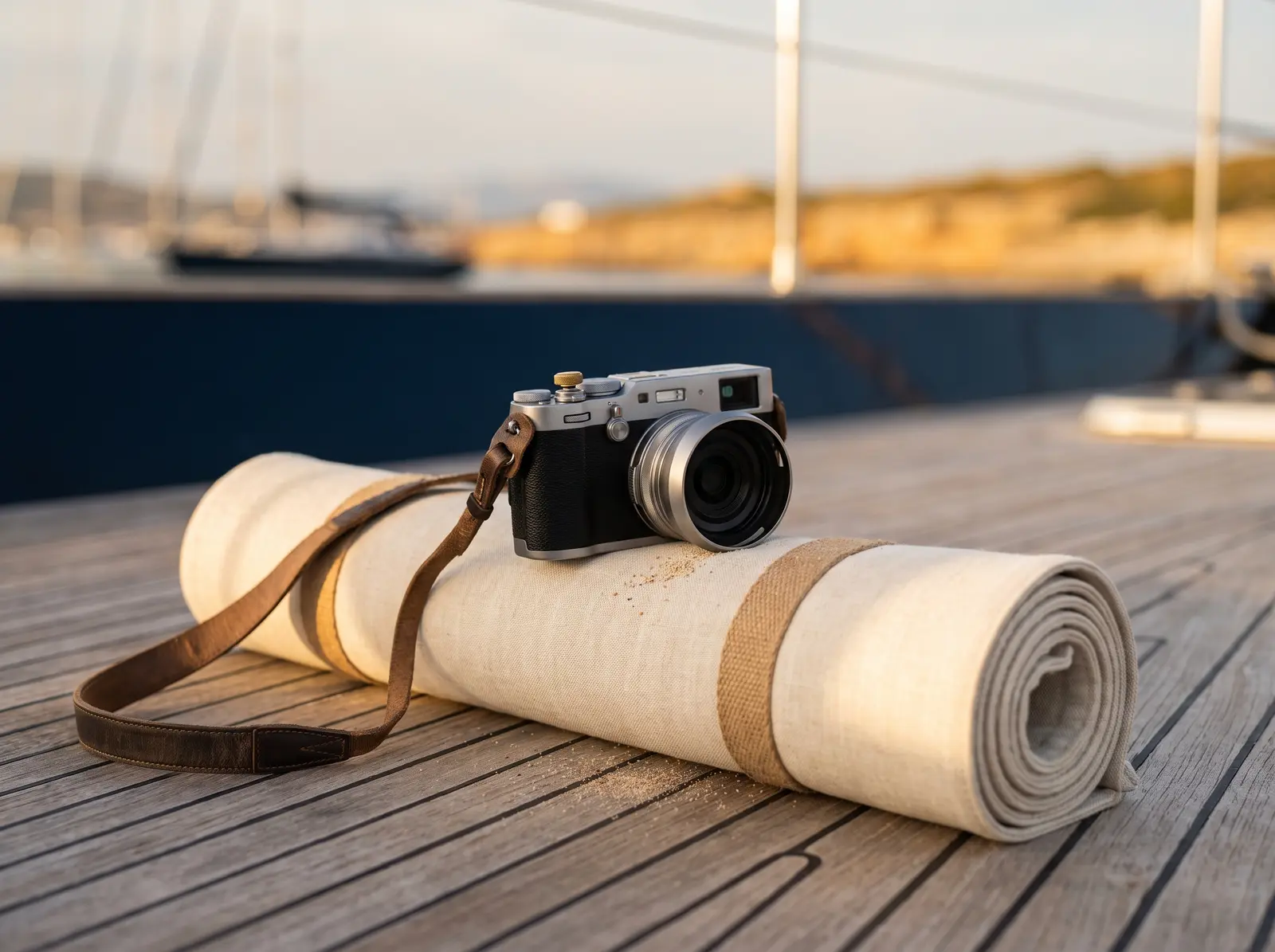 Camera resting on a yoga mat on deck