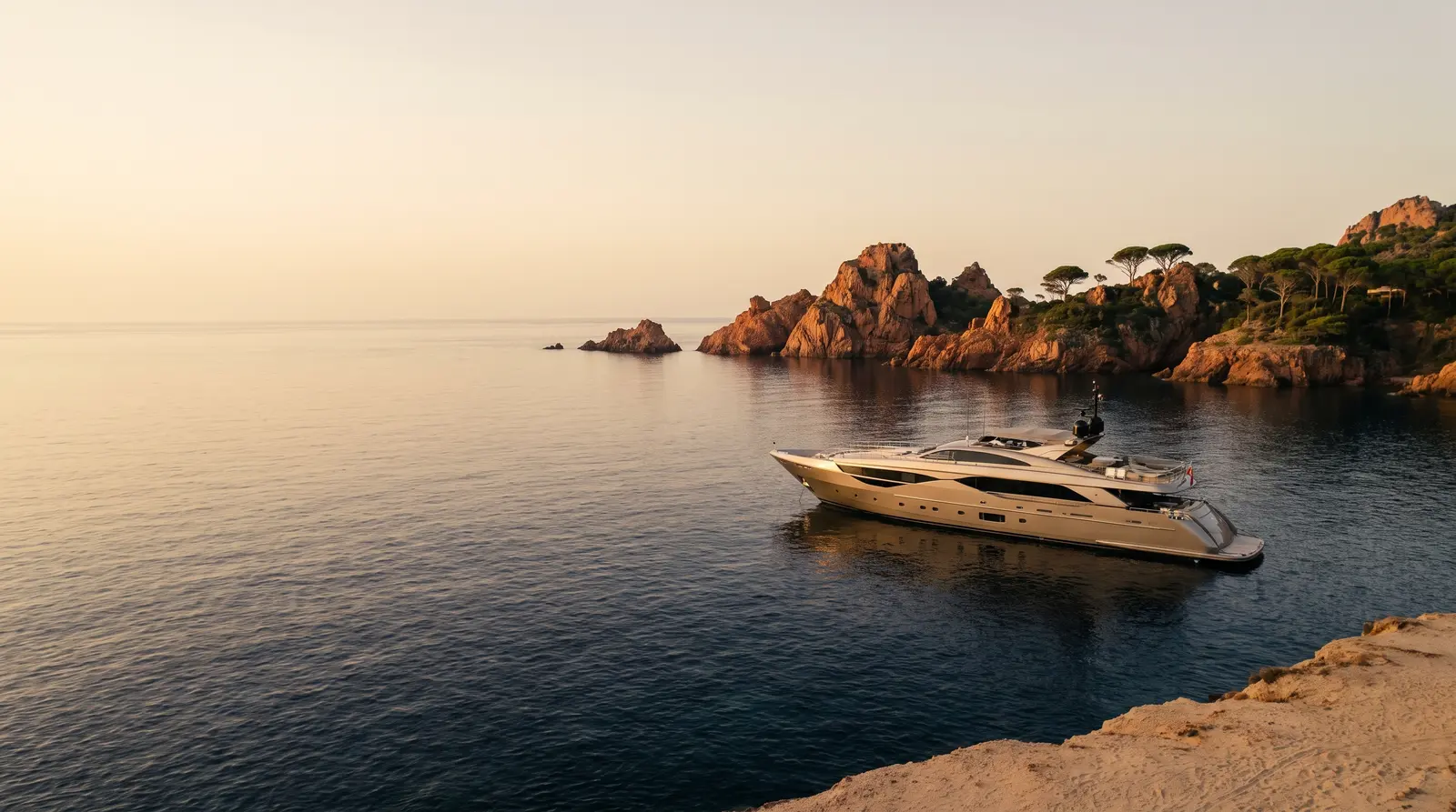 Yacht anchored off the red rocks of the Estérel