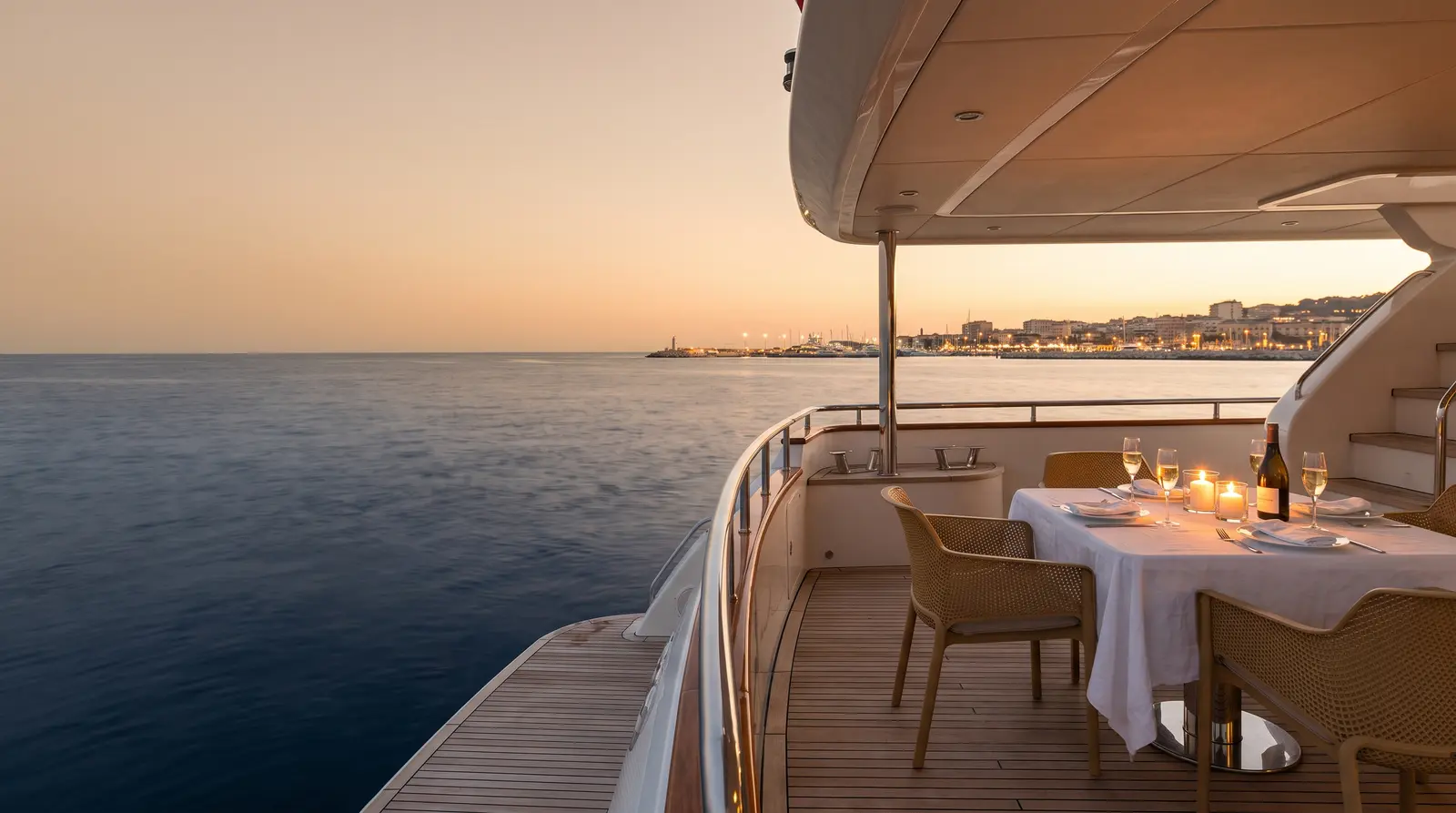 Dinner for two on a yacht at dusk