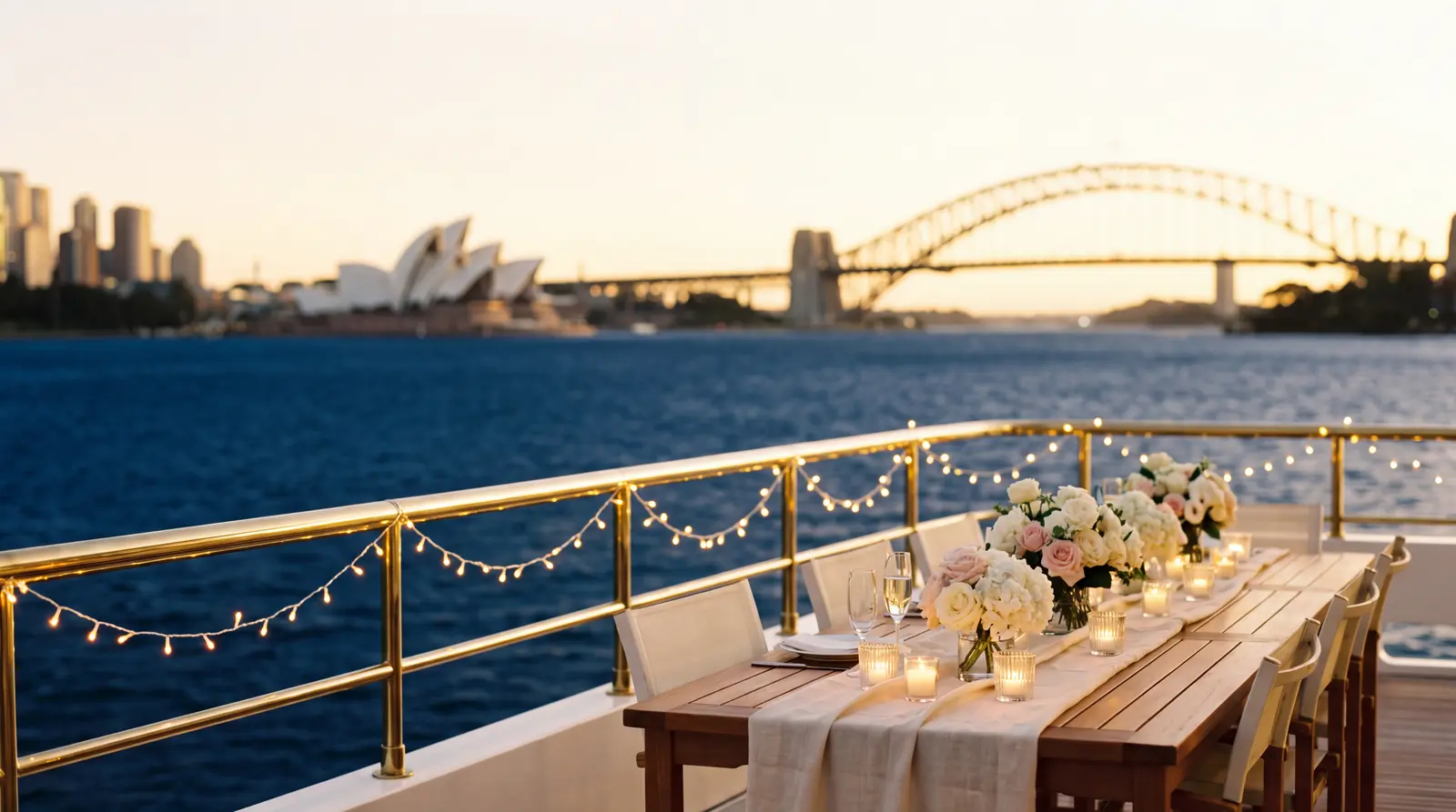 Yacht sundeck styled for a celebration at golden hour on Sydney Harbour
