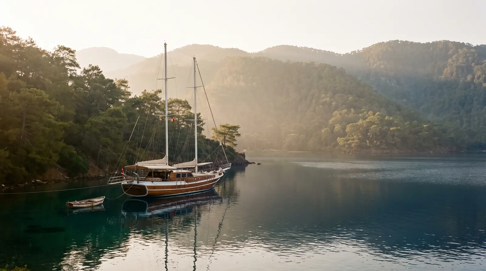 Wooden gulet anchored in a pine-fringed inlet on the Turquoise Coast