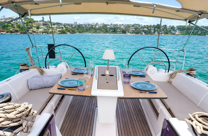 Restored boat canopy overlooking turquoise sea