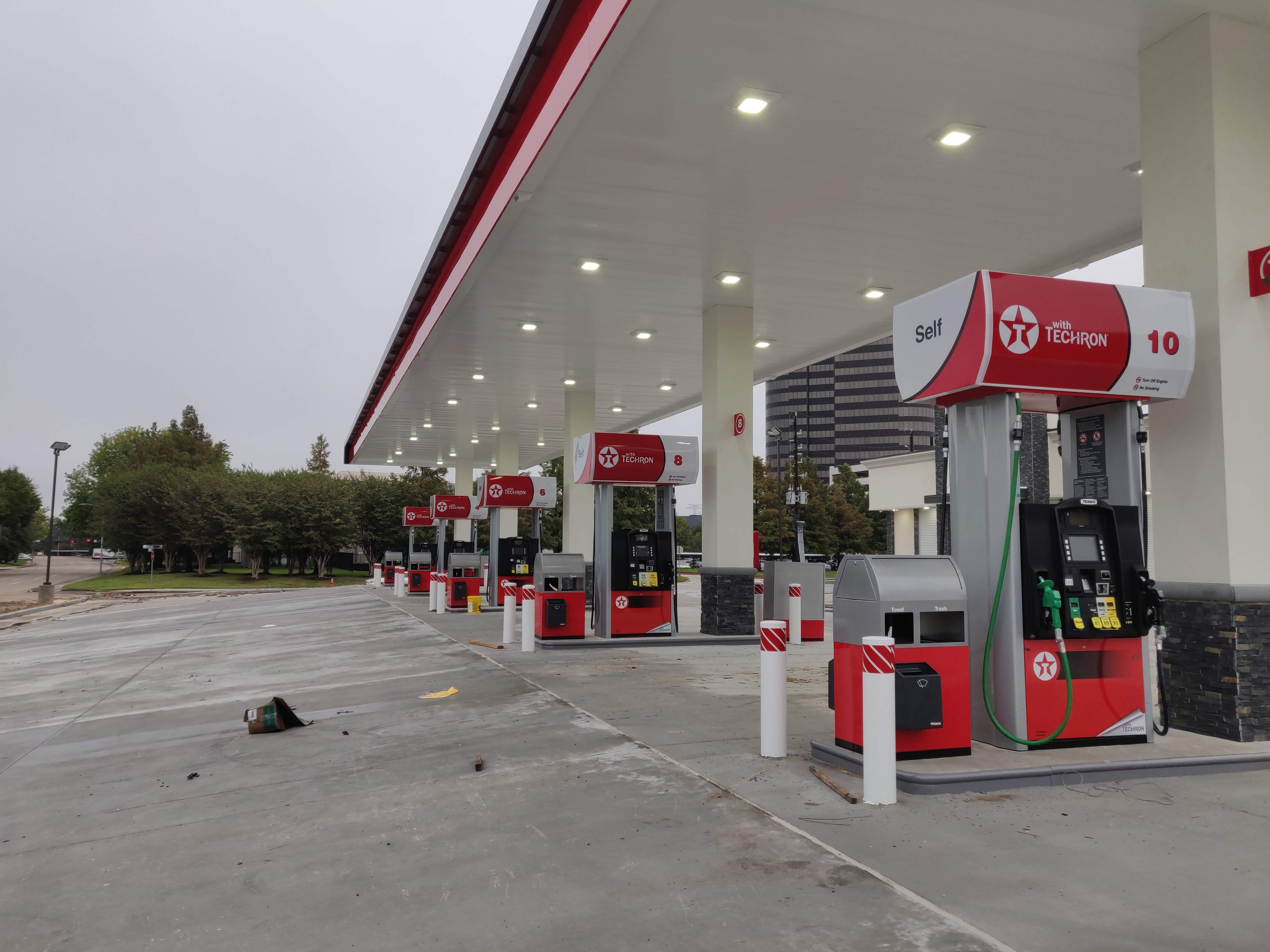 Exterior view of gas pumps at the commercial facility