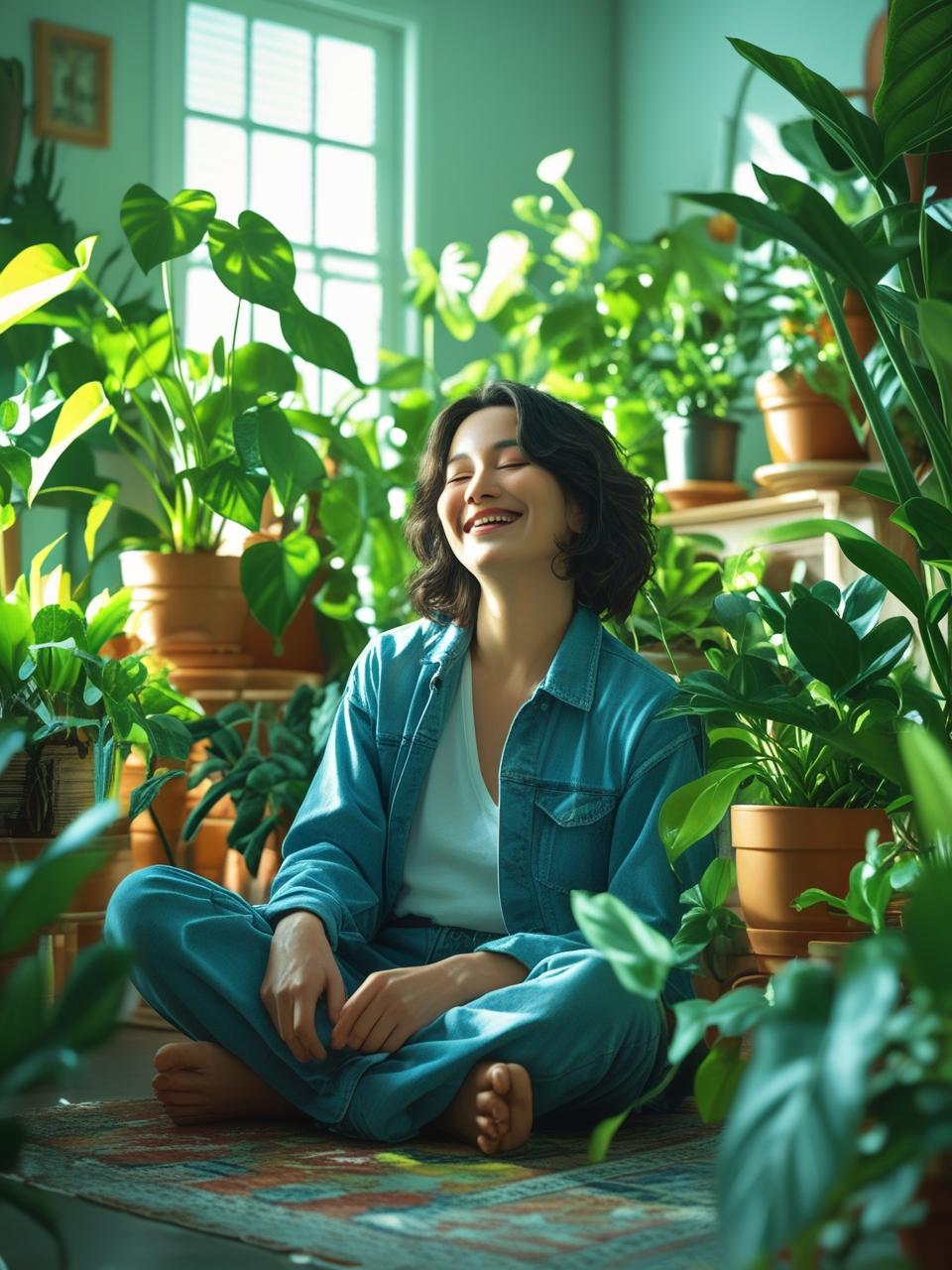 Person happily tending to their indoor plants