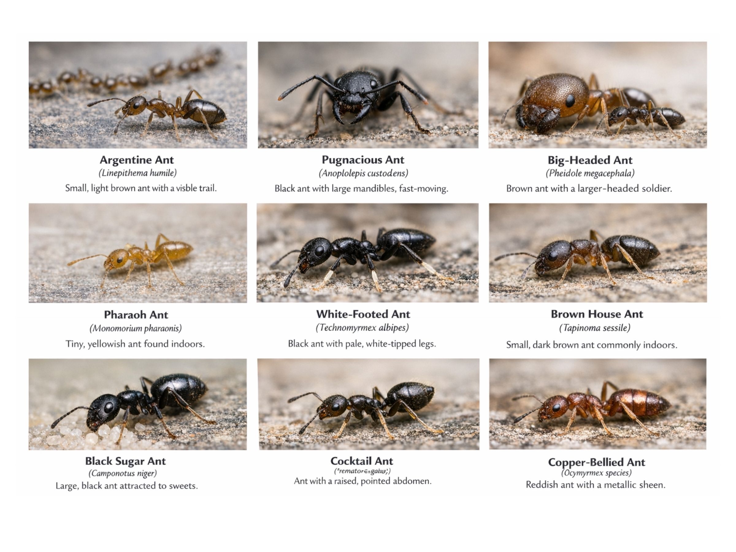 Nine common South African ant species — identification guide for property-relevant pest ants. Verminator ant control.