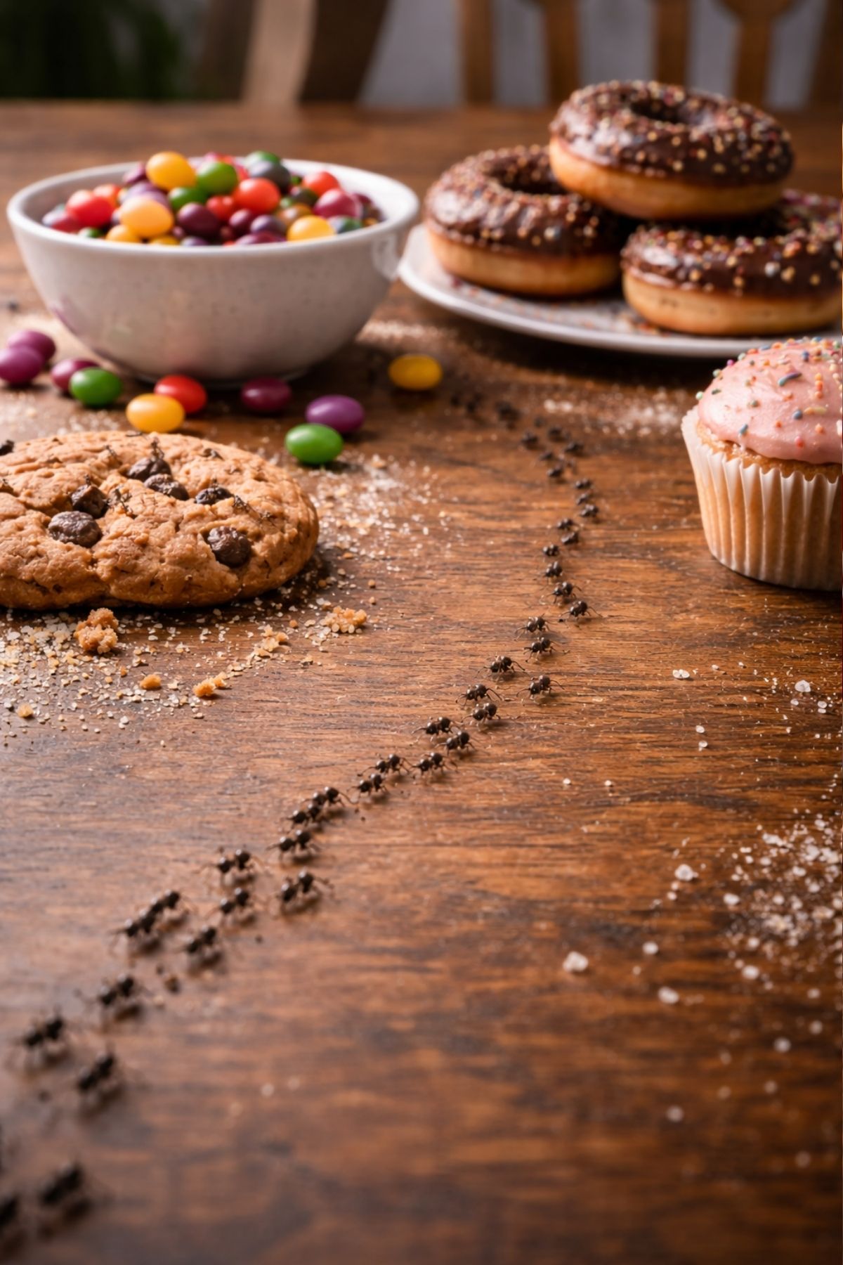 Ants collecting sweet snacks—ant trail or cluster near food