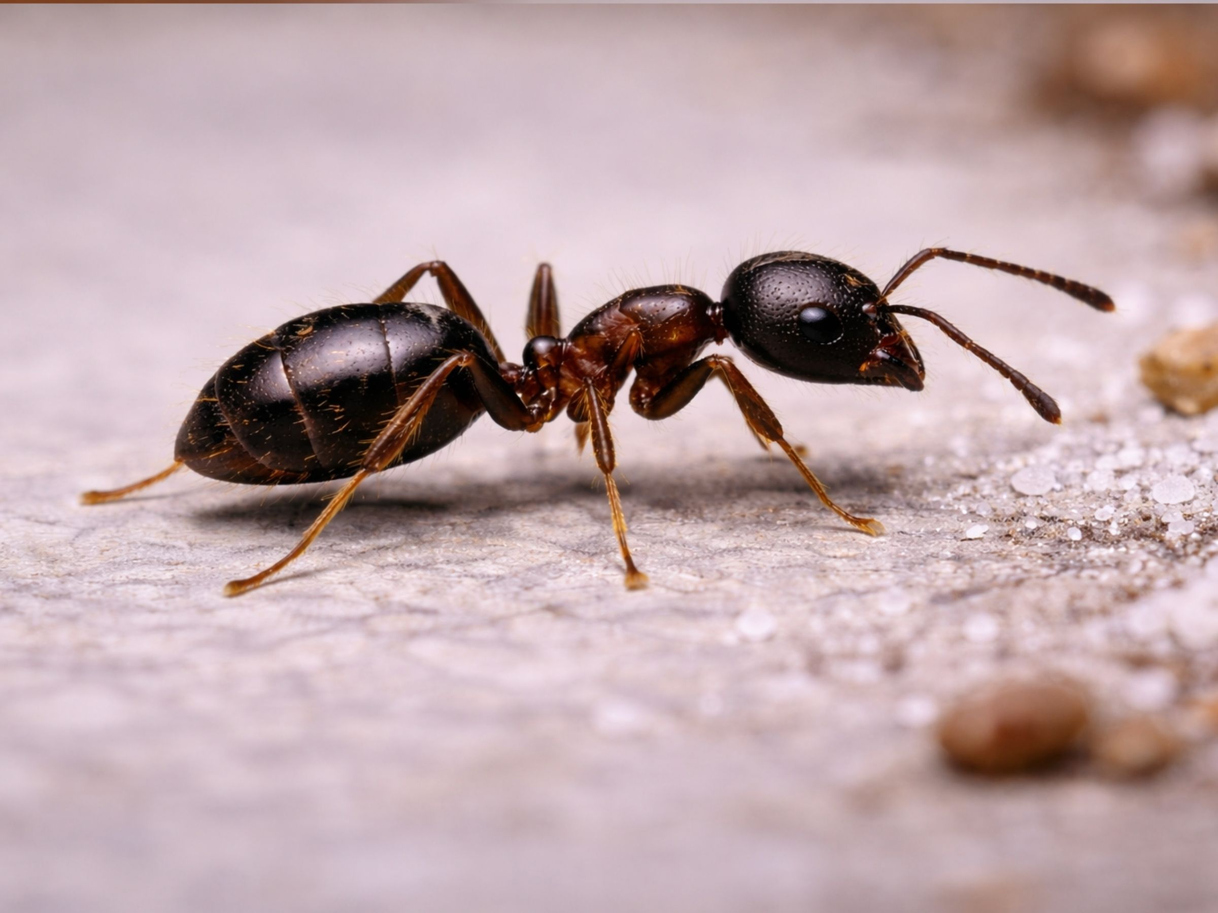Black sugar ant (Lepisiota capensis) — small glossy indigenous formicine ant, honeydew and sweet trails, South Africa.