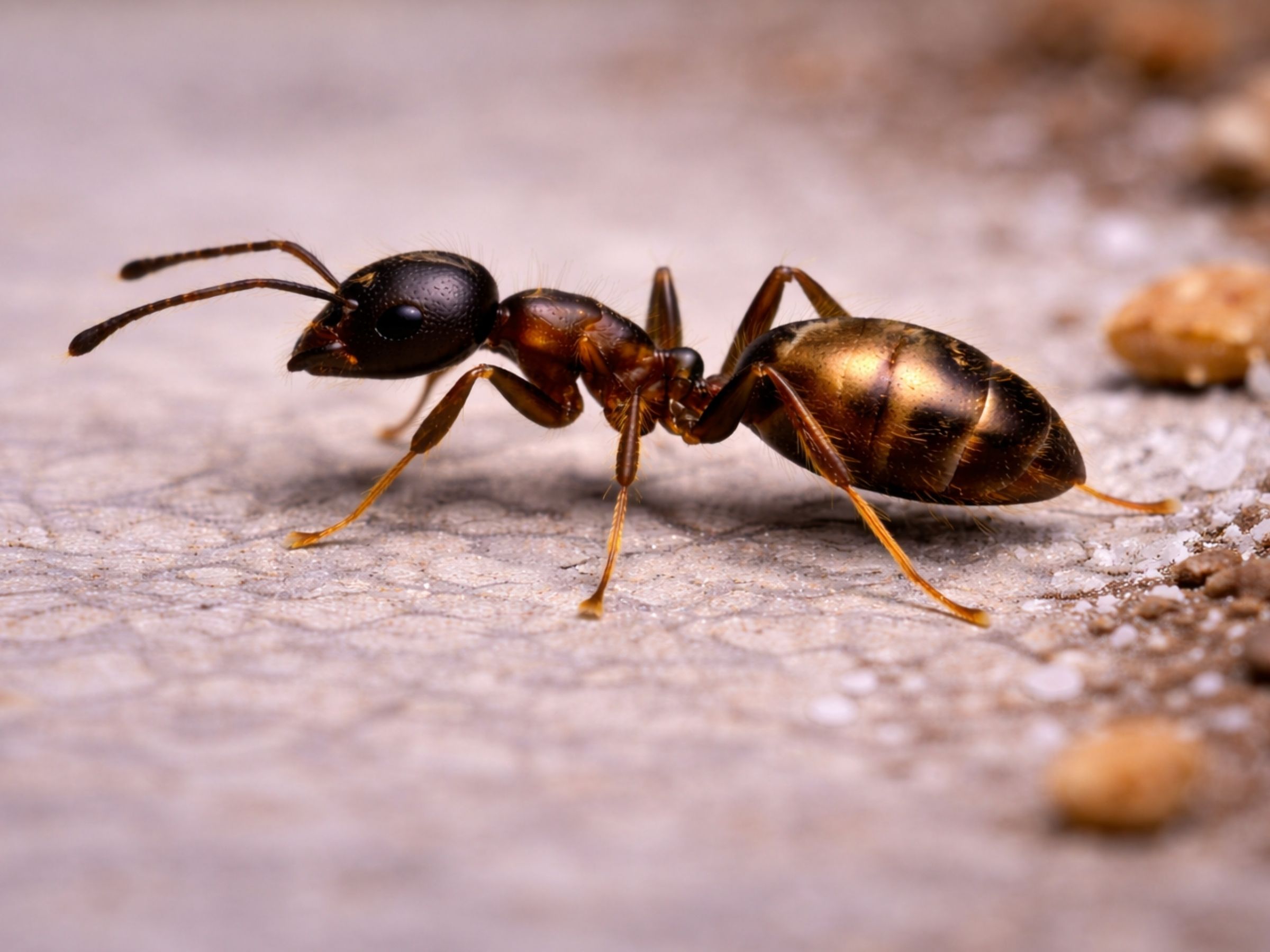Copper-bellied ant (Ochetellus glaber) — glossy dark ant, bronze abdomen sheen, household and garden trails, South Africa.