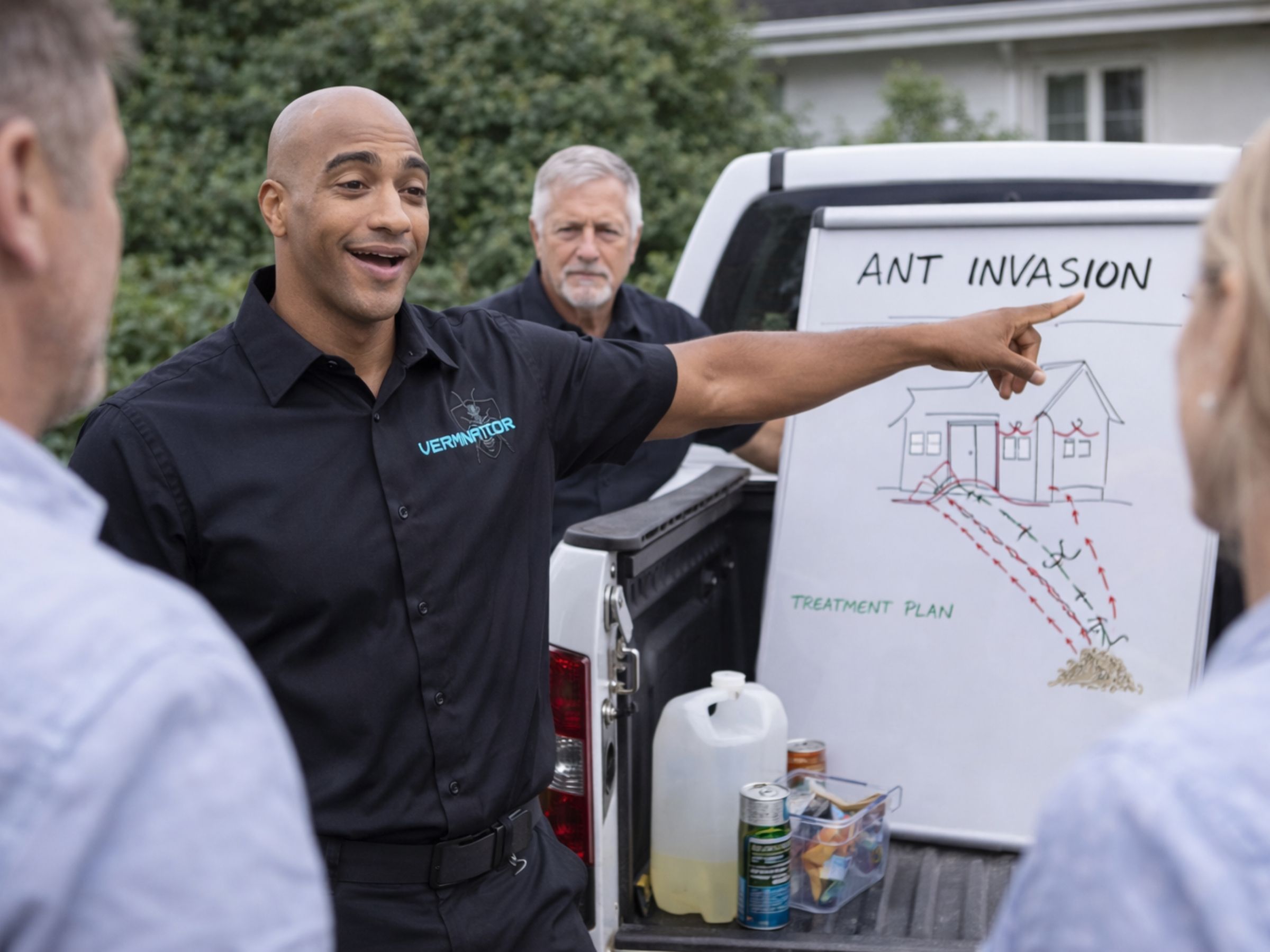 Verminator technician explaining ant invasion behaviour using an educational chart at a vehicle—on-site inspection and assessment.