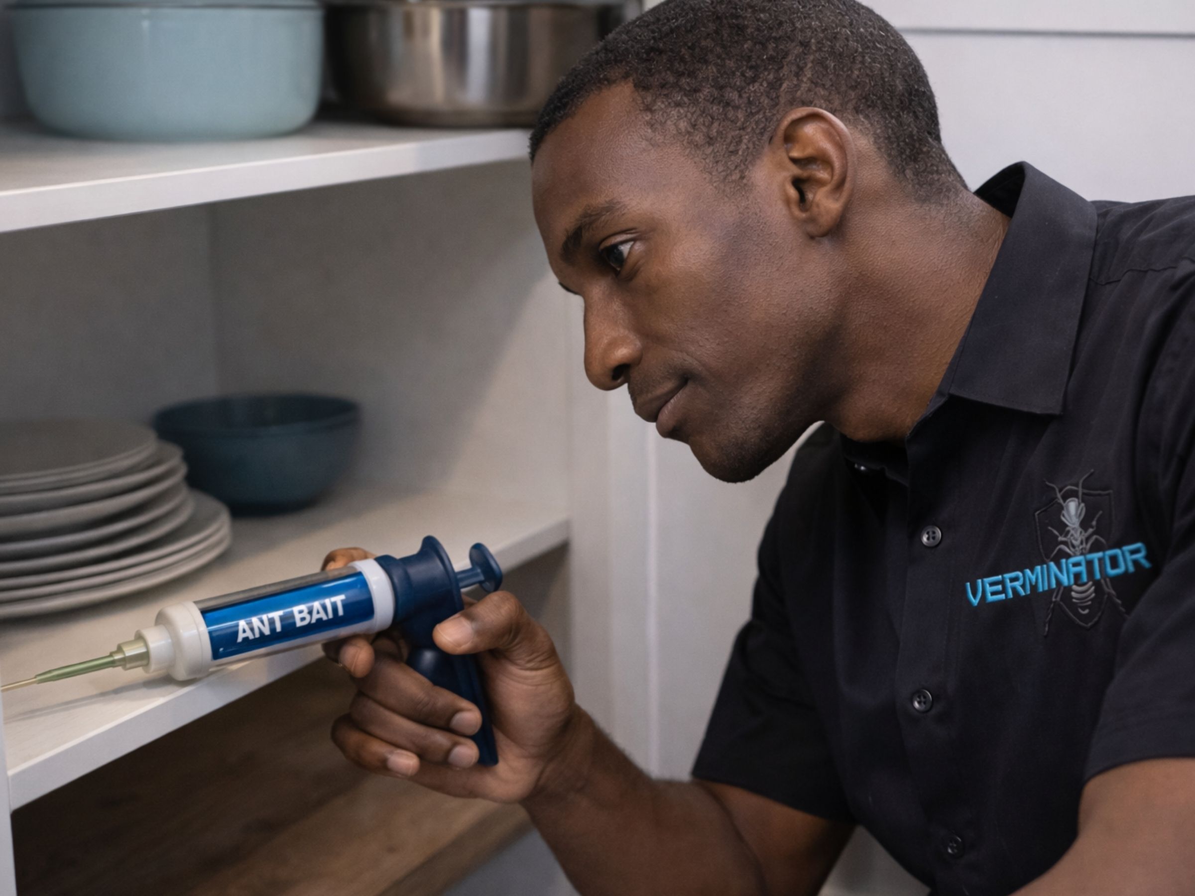 Verminator technician applying ant gel bait in a kitchen cupboard—targeted indoor ant treatment, South Africa.