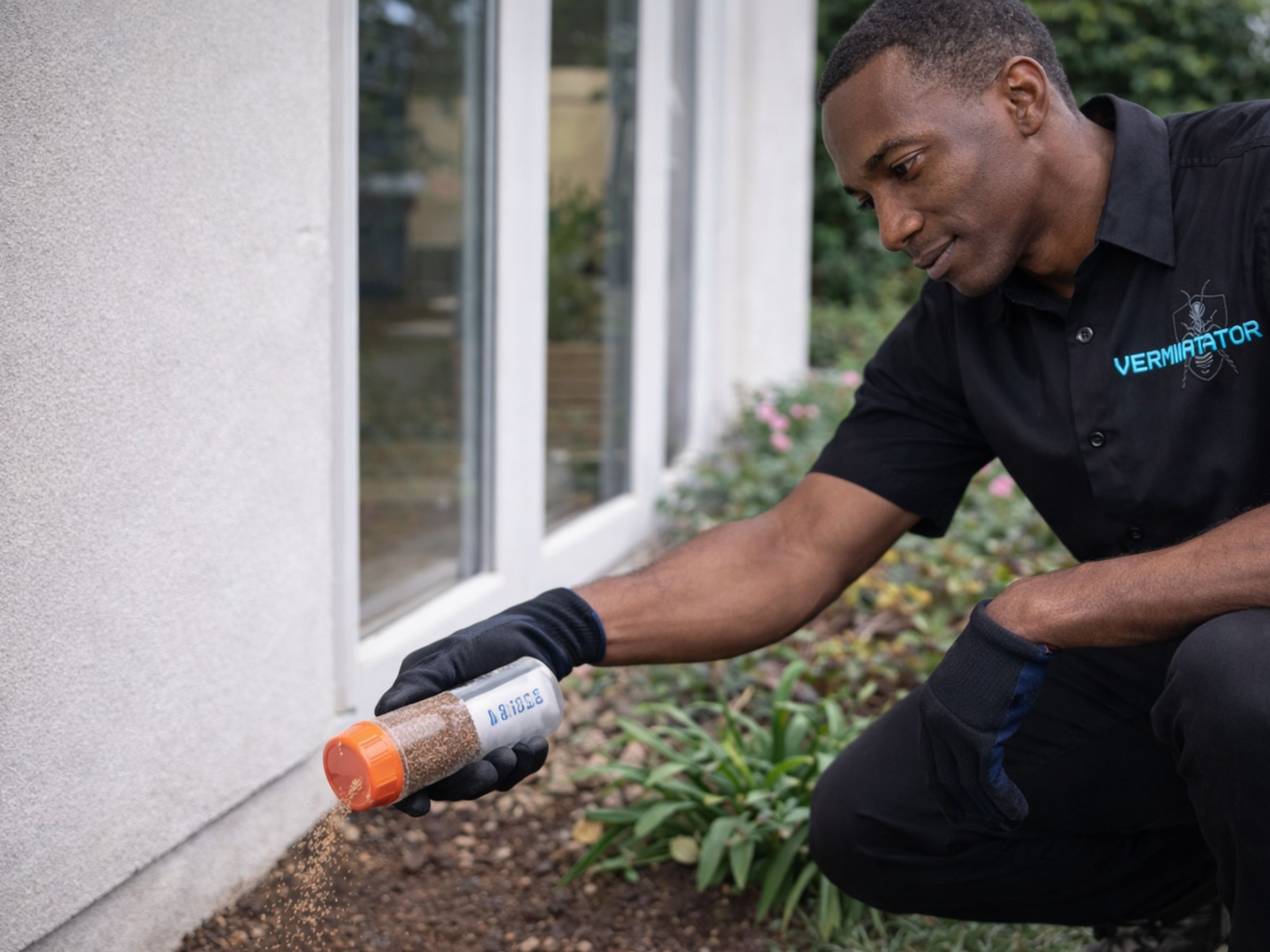 Verminator technician applying ant bait along outdoor paving and garden edge—perimeter and hardscape ant control.