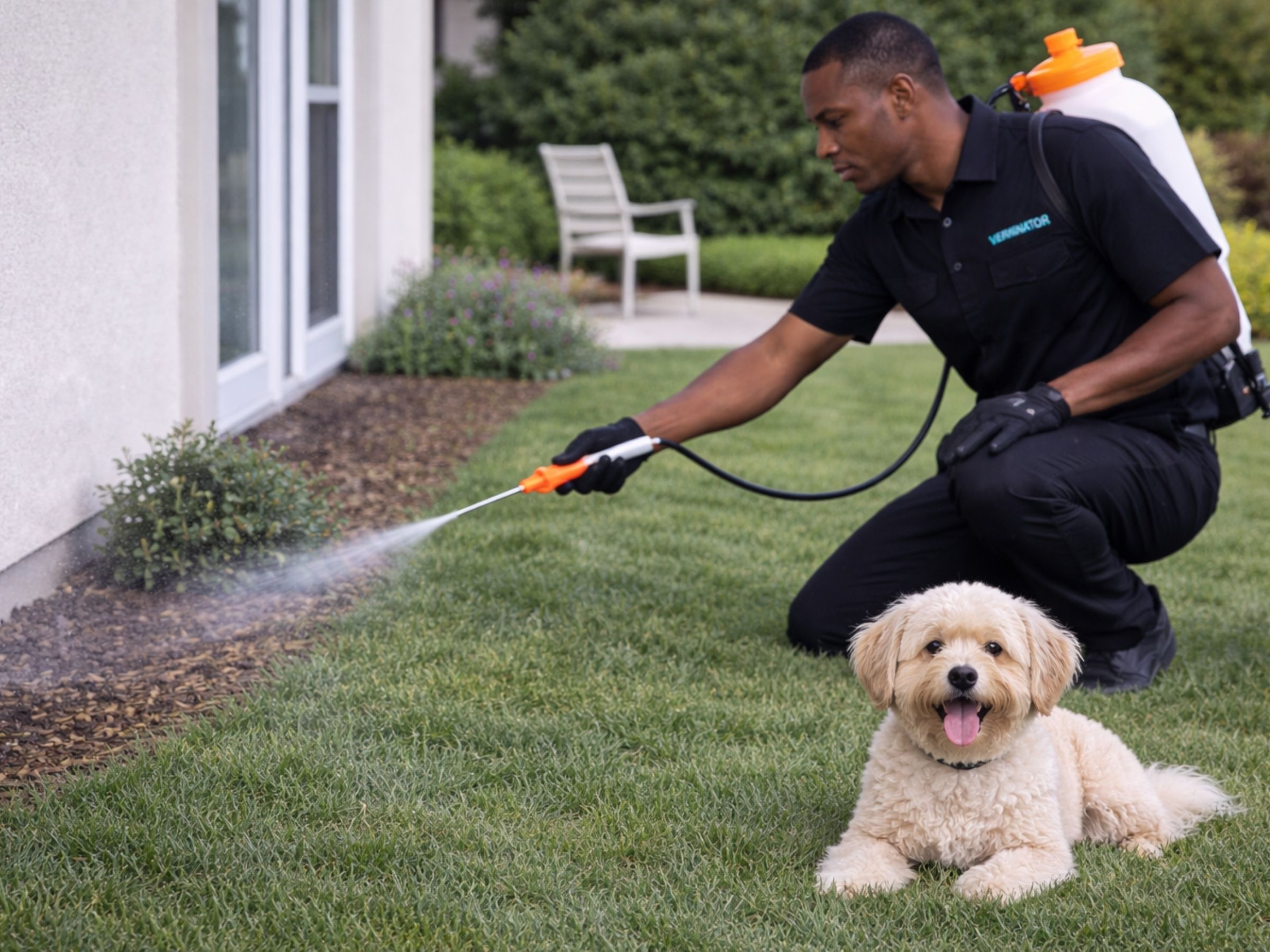 Technician applying low-odour outdoor perimeter barrier spray; family dog nearby at a distance—safety-minded ant control.